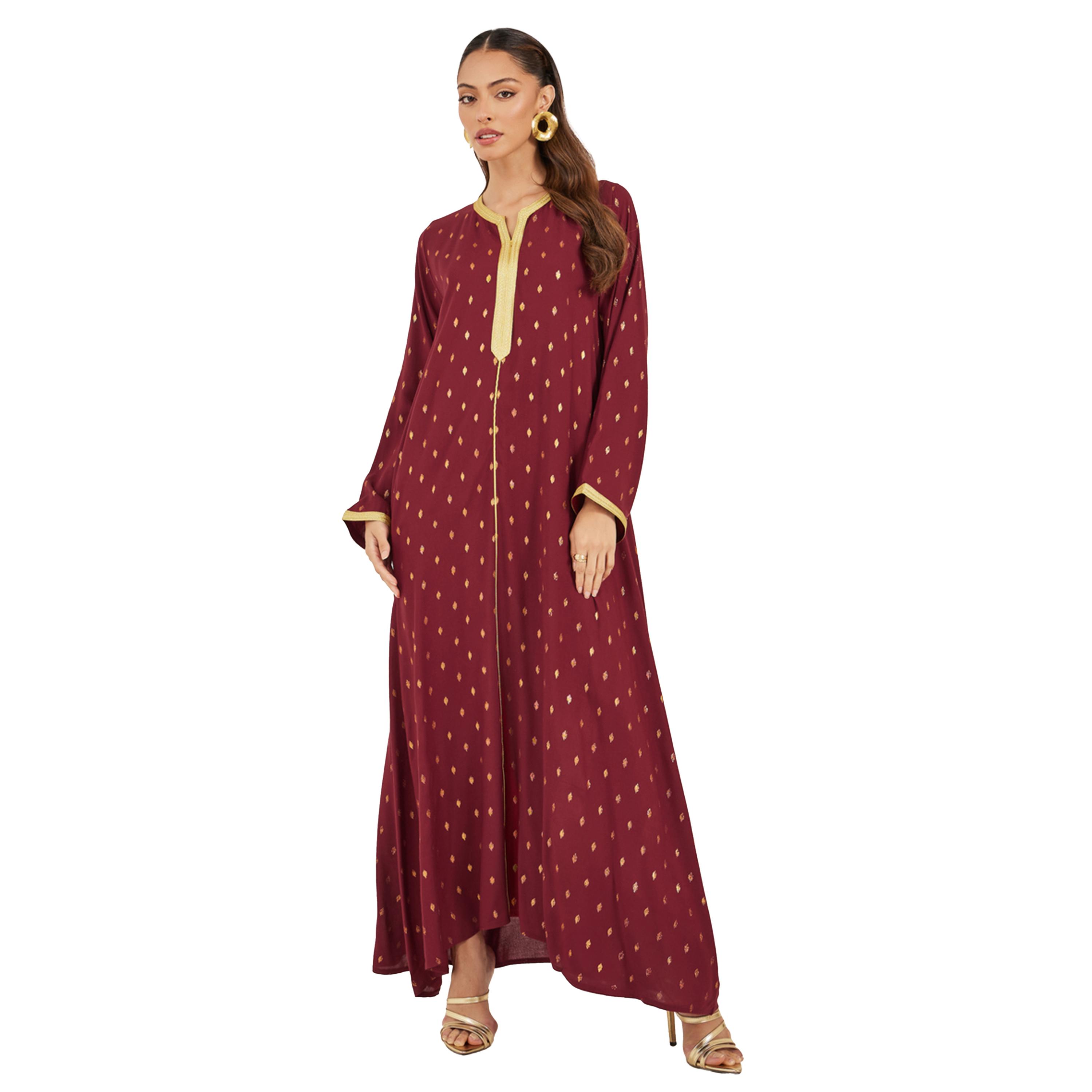 Amirah X Styli Foil Print Lace Detail Satin Jalabiya with Belt-women-arabicclothing-jalabiyas-image-2