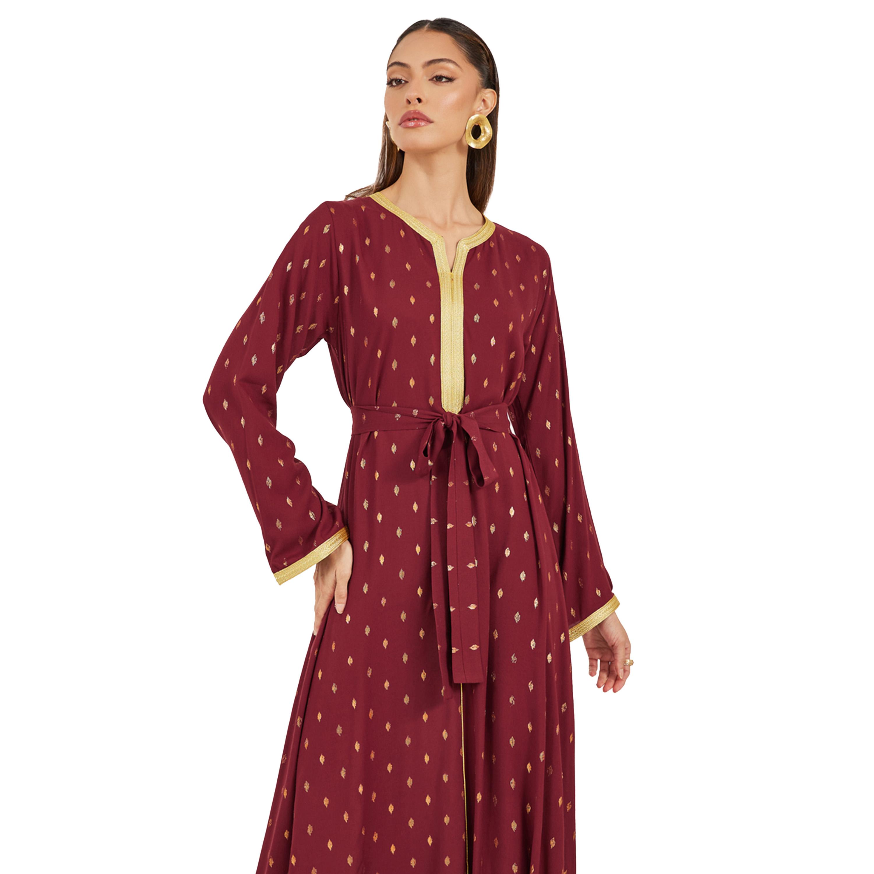 Amirah X Styli Foil Print Lace Detail Satin Jalabiya with Belt-women-arabicclothing-jalabiyas-image-3