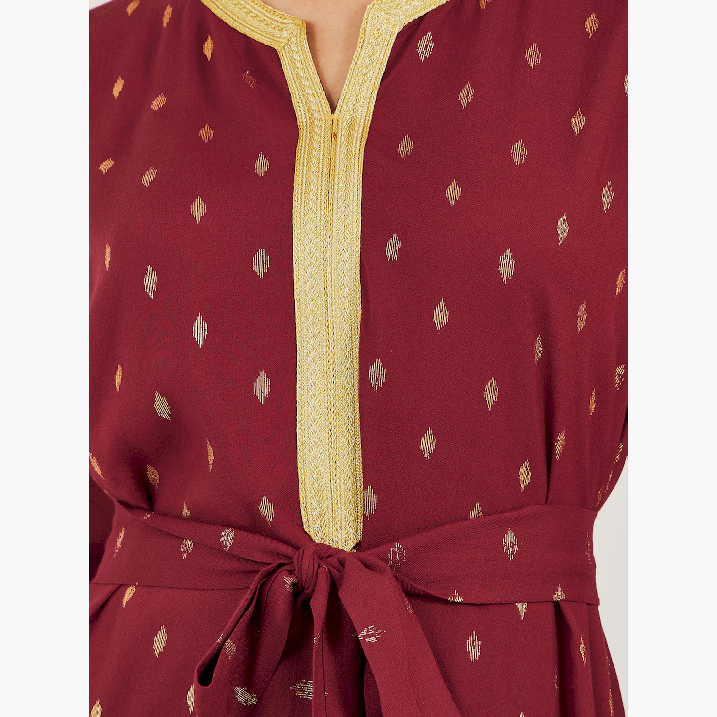 Amirah X Styli Foil Print Lace Detail Satin Jalabiya with Belt-women-arabicclothing-jalabiyas-image-4