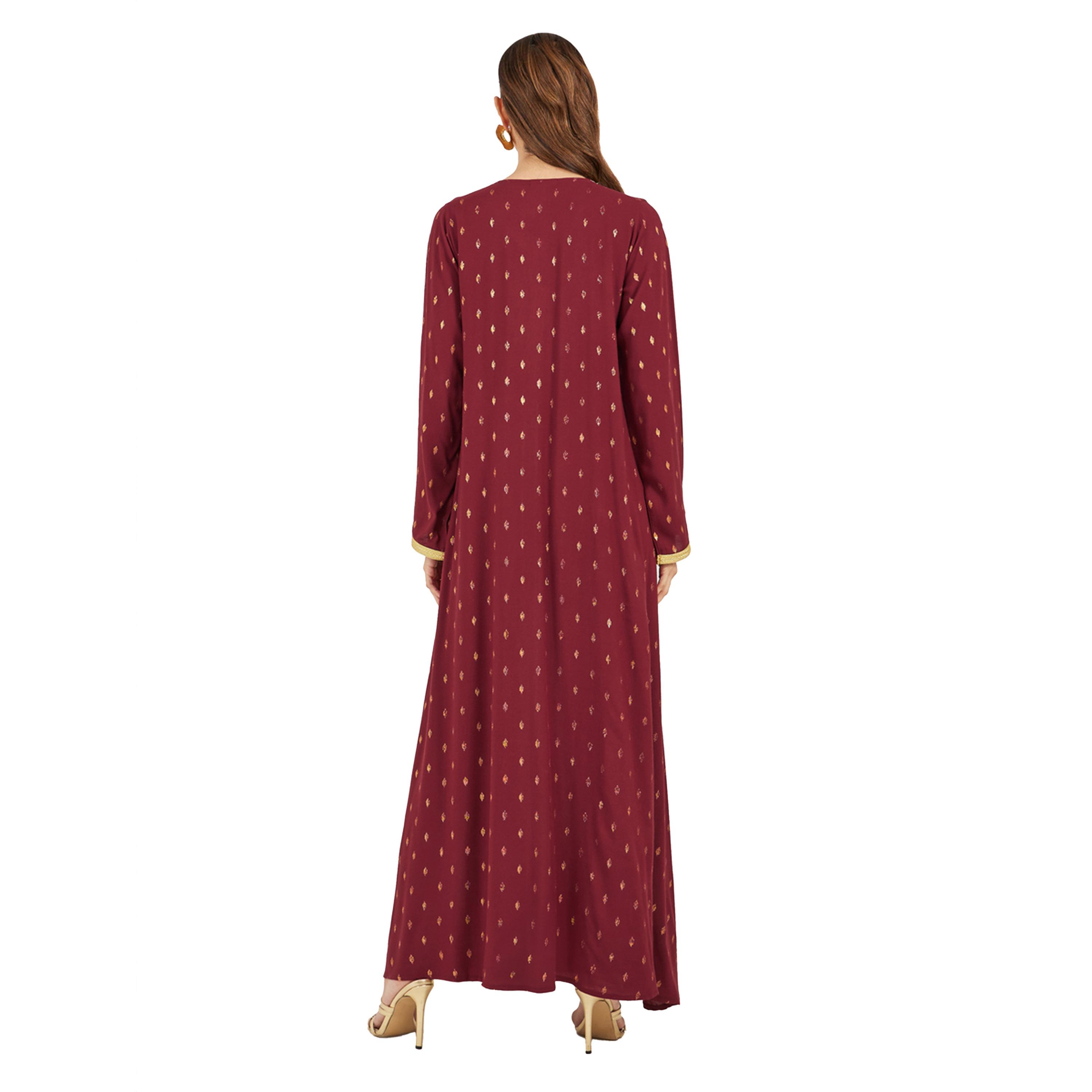 Amirah X Styli Foil Print Lace Detail Satin Jalabiya with Belt-women-arabicclothing-jalabiyas-image-5