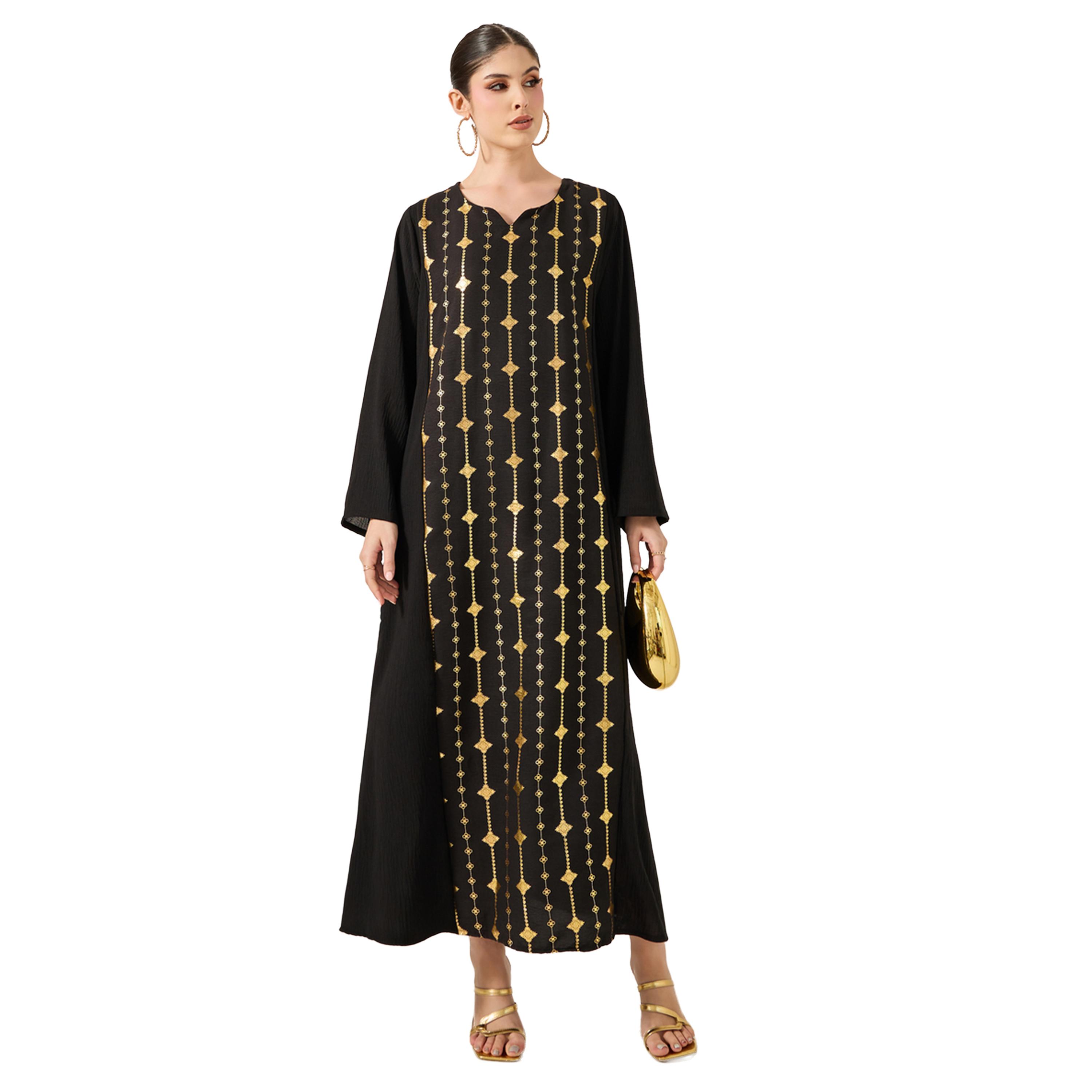 Amirah X Styli Foil Print Notch Neck A-Line Jalabiya-women-arabicclothing-jalabiyas-image-1