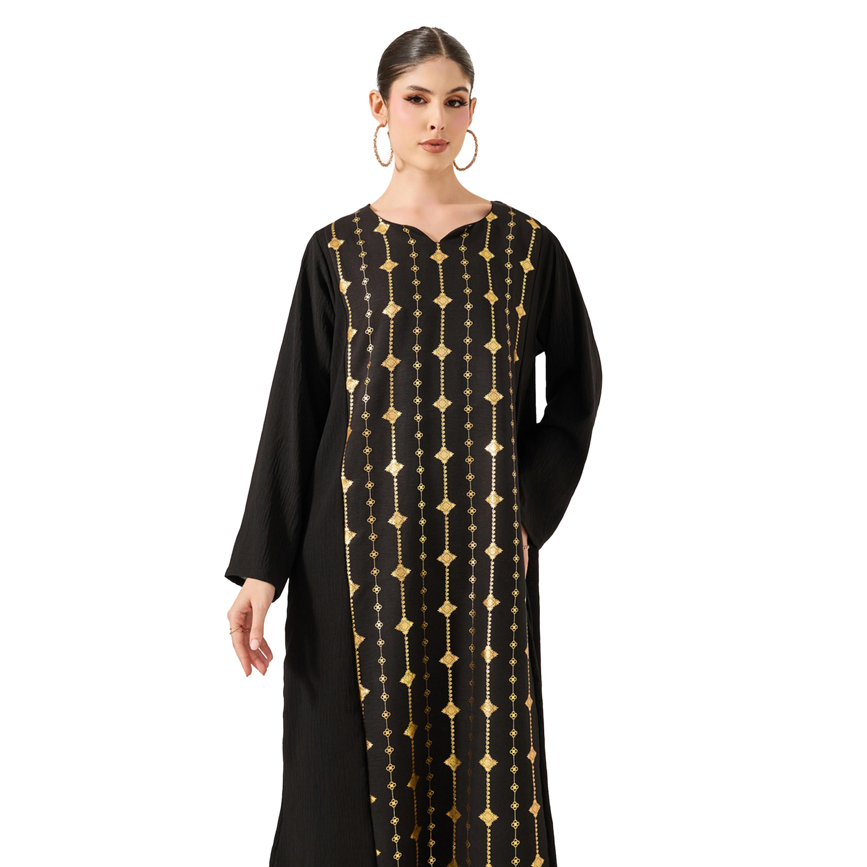 Amirah X Styli Foil Print Notch Neck A-Line Jalabiya-women-arabicclothing-jalabiyas-image-3