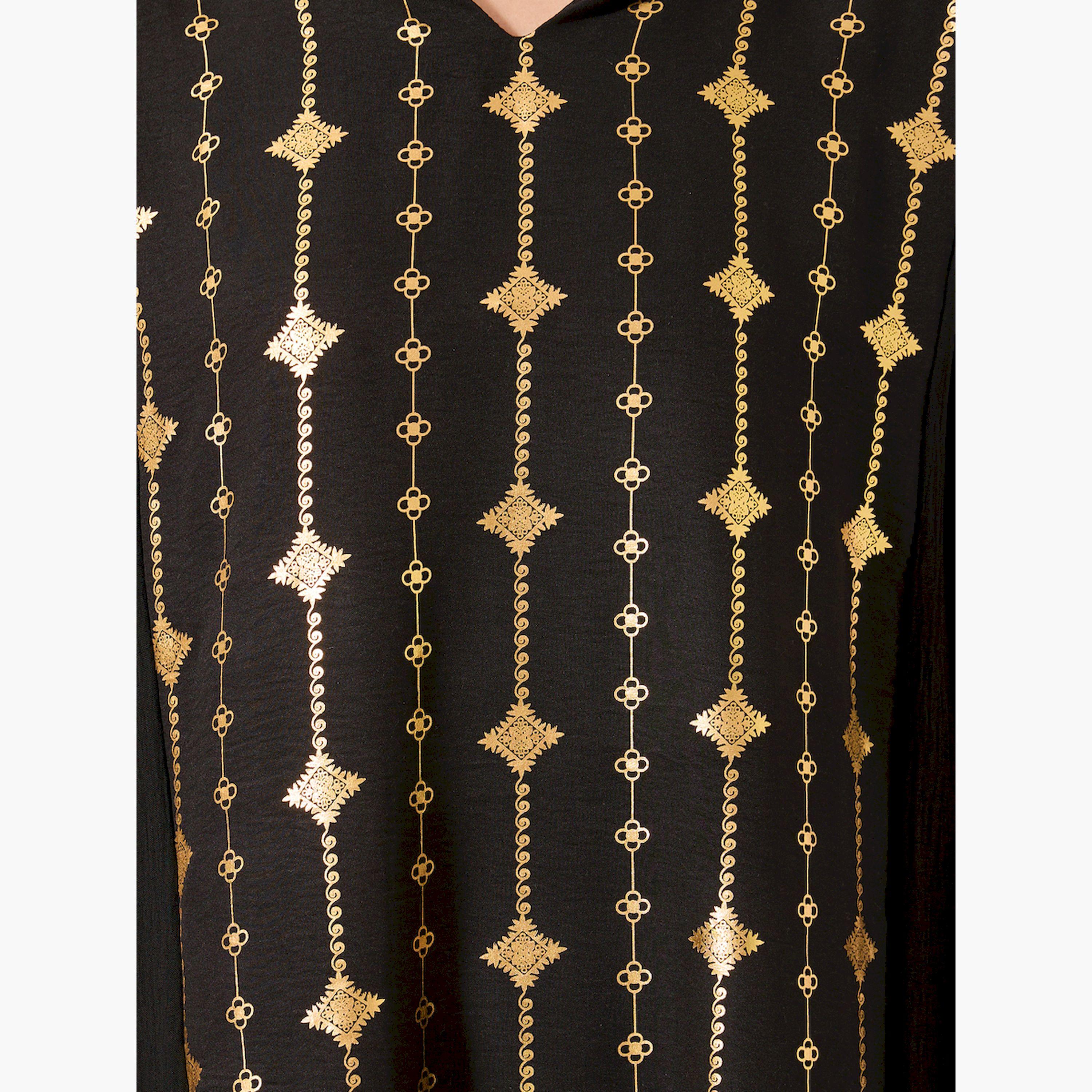 Amirah X Styli Foil Print Notch Neck A-Line Jalabiya-women-arabicclothing-jalabiyas-image-4