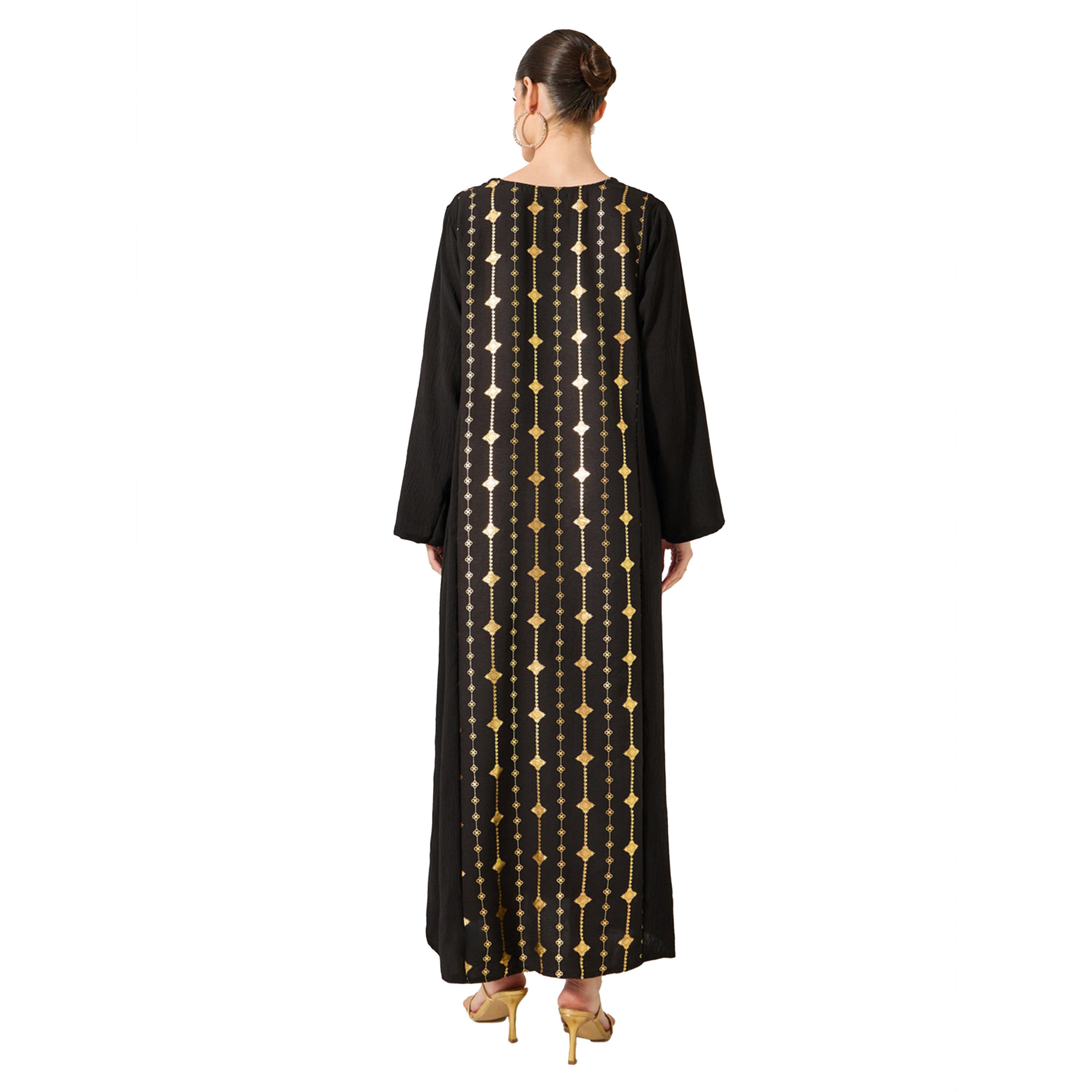 Amirah X Styli Foil Print Notch Neck A-Line Jalabiya-women-arabicclothing-jalabiyas-image-5