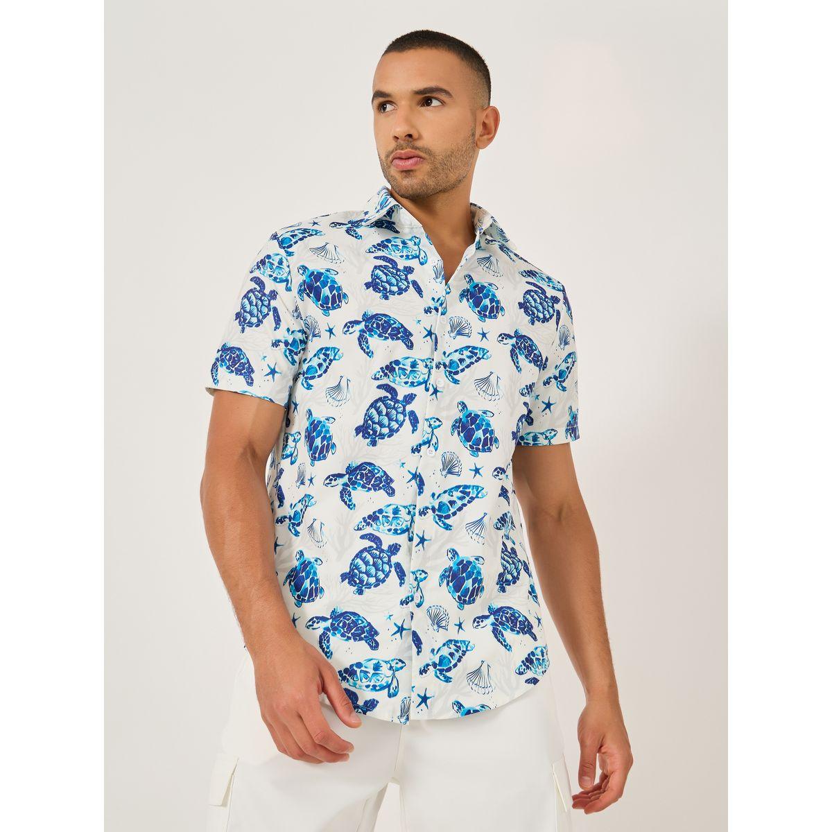 Styli Men Sea Turtle Print Short Sleeve Regular Fit Shirt-men-clothing-shirts-image-1