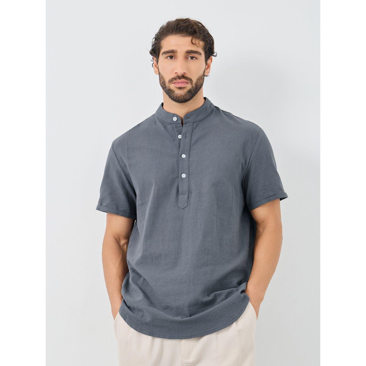 Styli Solid Buttoned Mandarin Collar Shirt-men-clothing-shirts-image-1