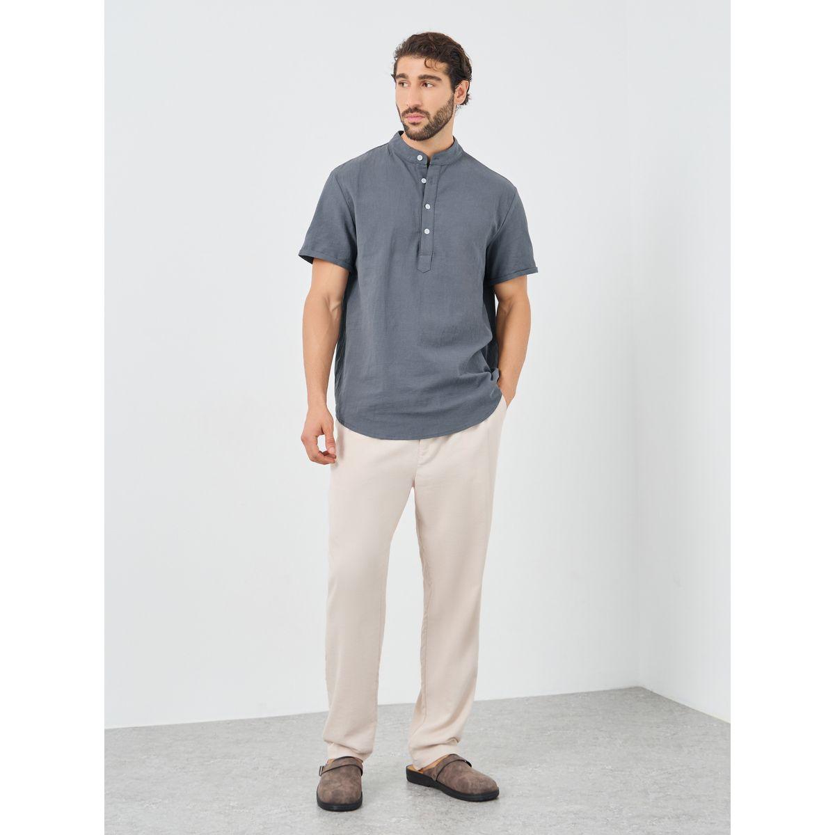 Styli Solid Buttoned Mandarin Collar Shirt-men-clothing-shirts-image-2