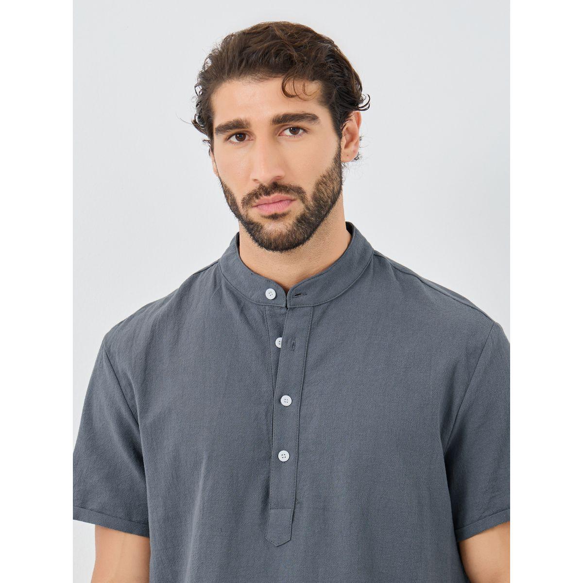 Styli Solid Buttoned Mandarin Collar Shirt-men-clothing-shirts-image-3