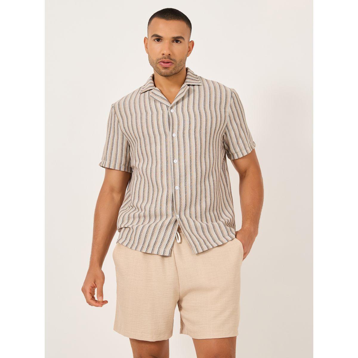 Styli Striped Short Sleeve Shirt and Solid Shorts Co-Ords-men-clothing-coordsets-image-2