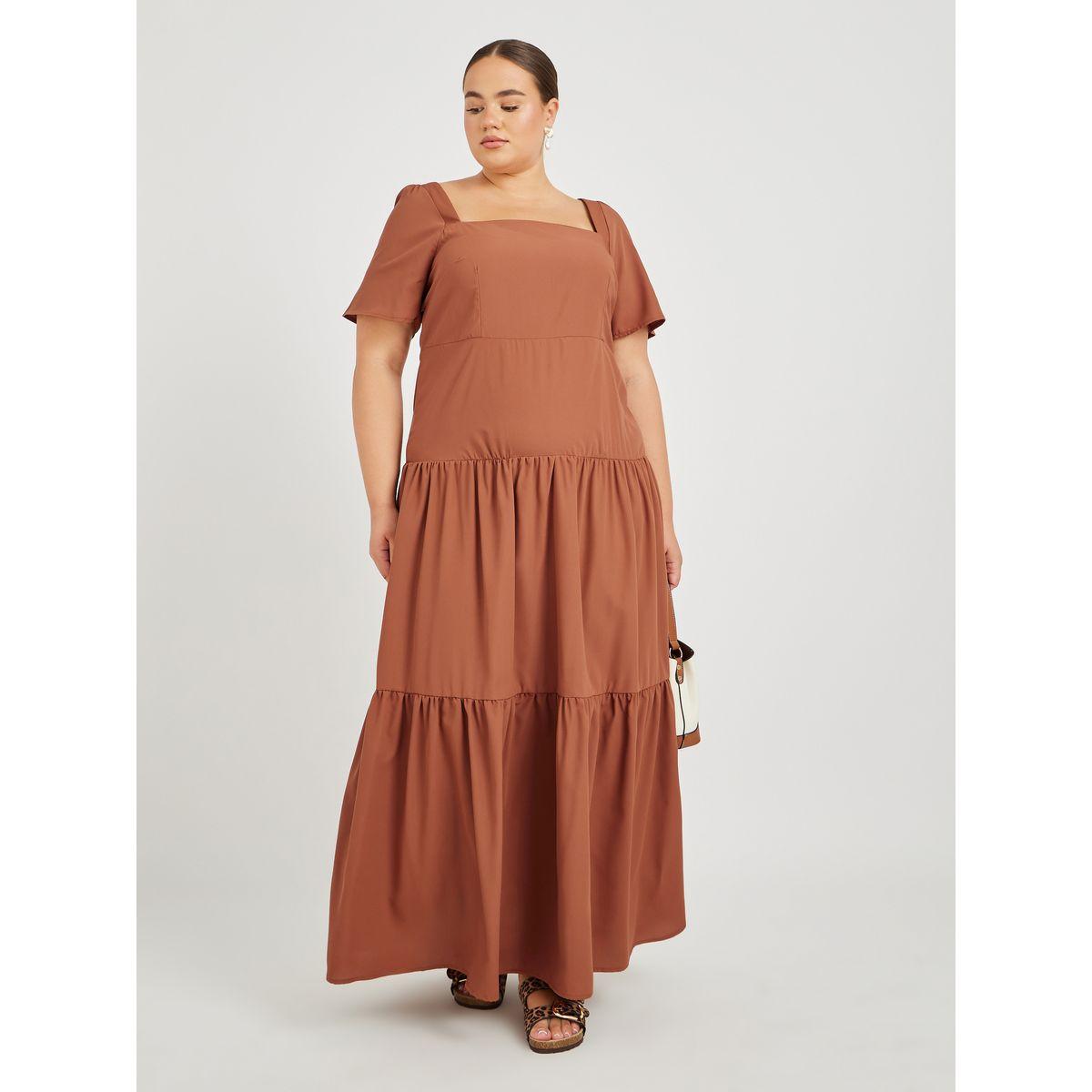 فستان طويل بمقاس كبير وأكمام منفوخة مع كسرات-women-clothing-dresses-image-1