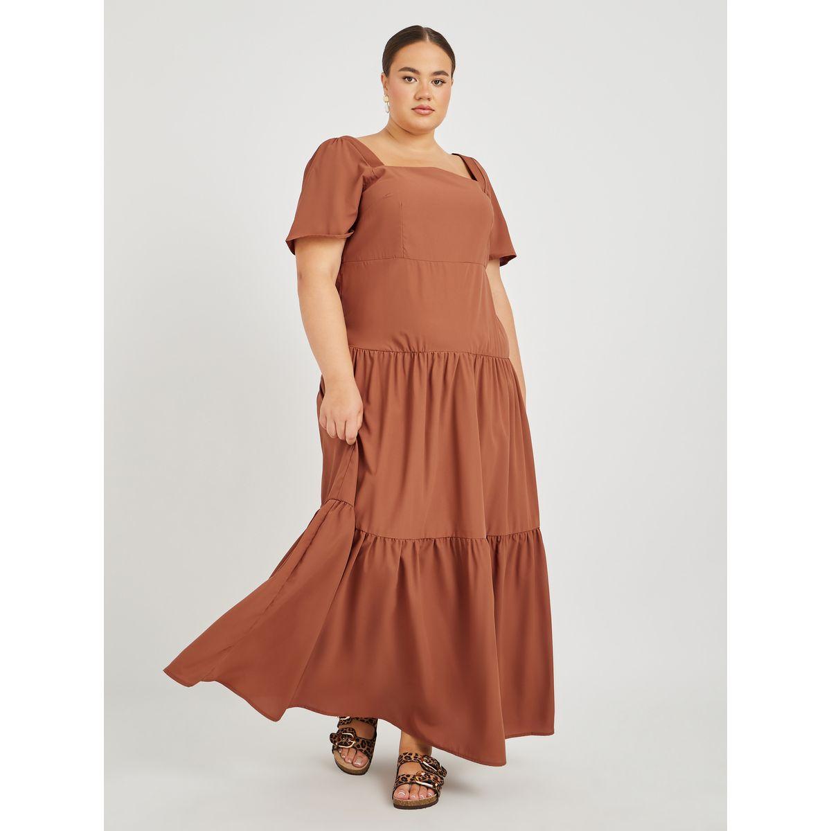 فستان طويل بمقاس كبير وأكمام منفوخة مع كسرات-women-clothing-dresses-image-2