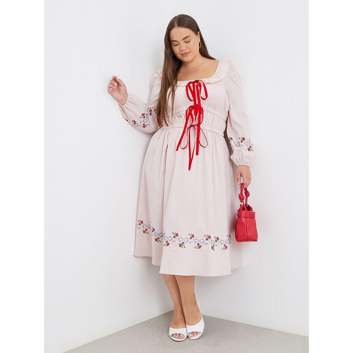 فستان ميدي بمقاس كبير وتفاصيل ربطة-women-clothing-dresses-image-1