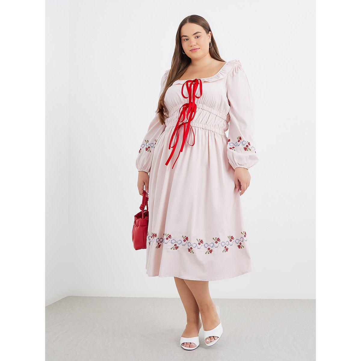 فستان ميدي بمقاس كبير وتفاصيل ربطة-women-clothing-dresses-image-2