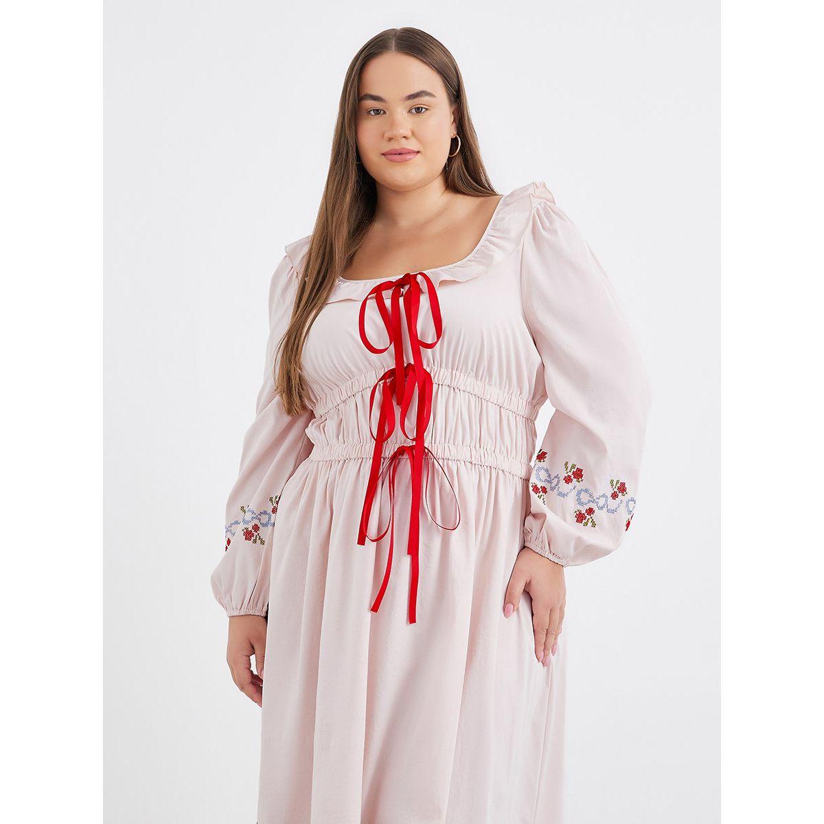 فستان ميدي بمقاس كبير وتفاصيل ربطة-women-clothing-dresses-image-3