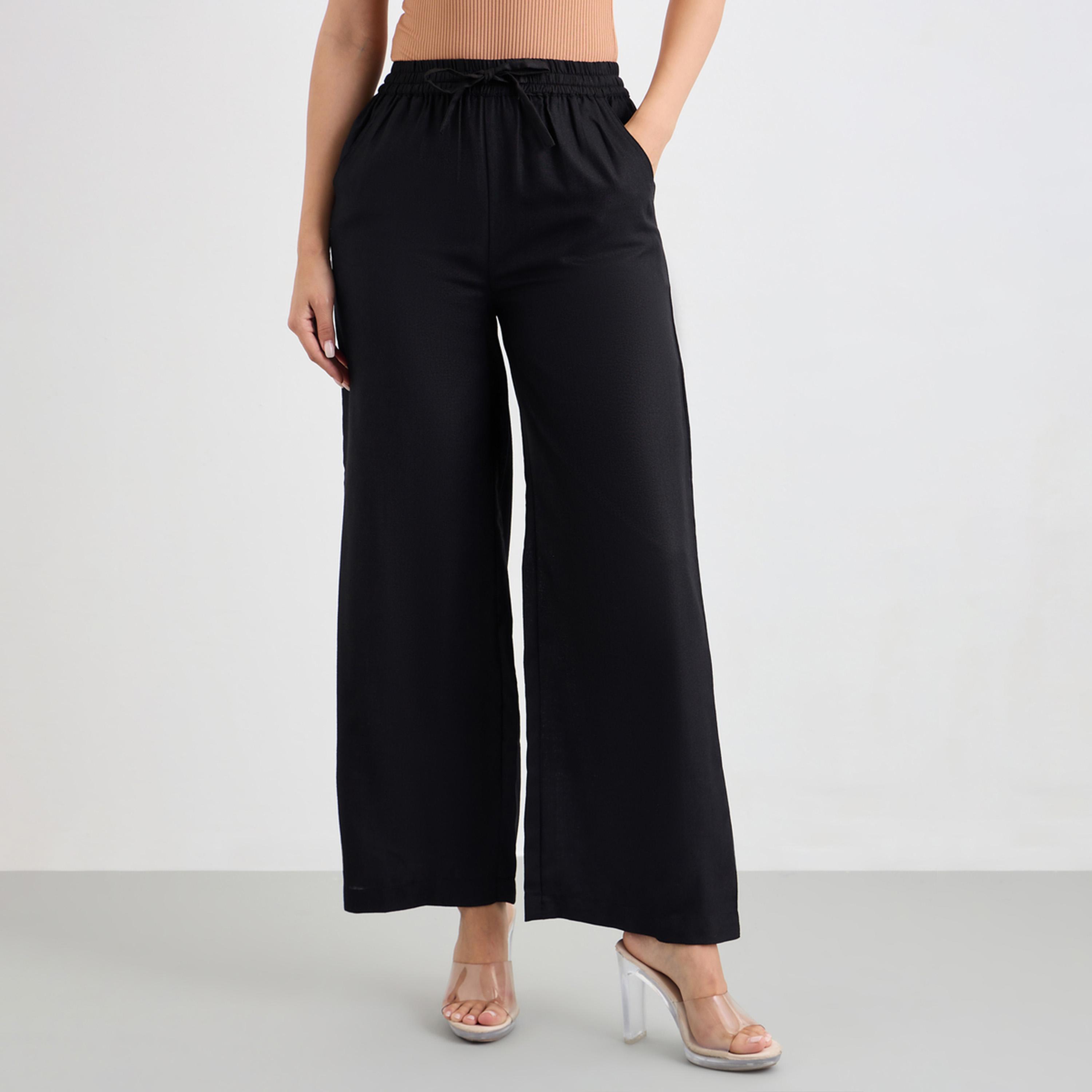 ستايلي - بنطال واسع الساق بمظهر الكتان مع رباط-women-clothing-bottoms-trousers-image-1