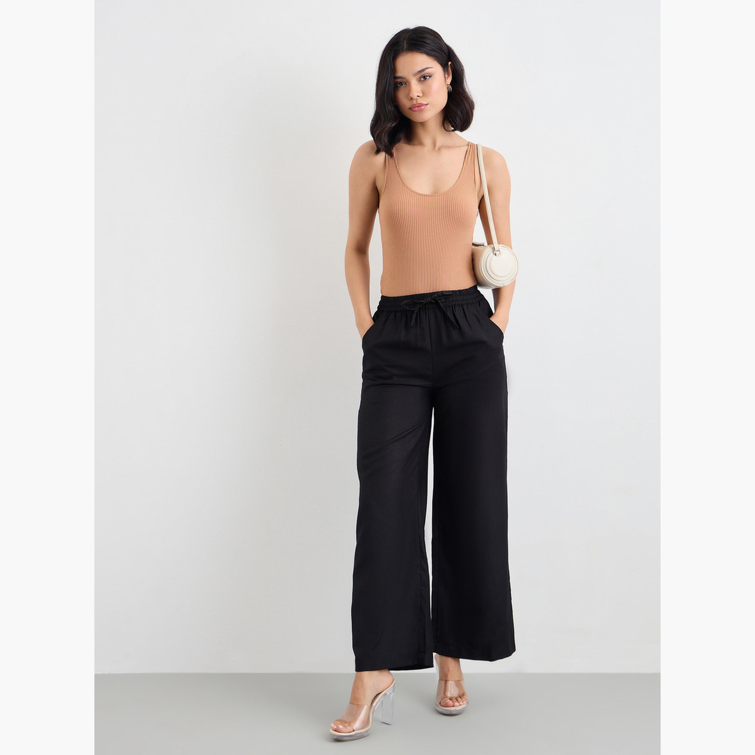 ستايلي - بنطال واسع الساق بمظهر الكتان مع رباط-women-clothing-bottoms-trousers-image-2