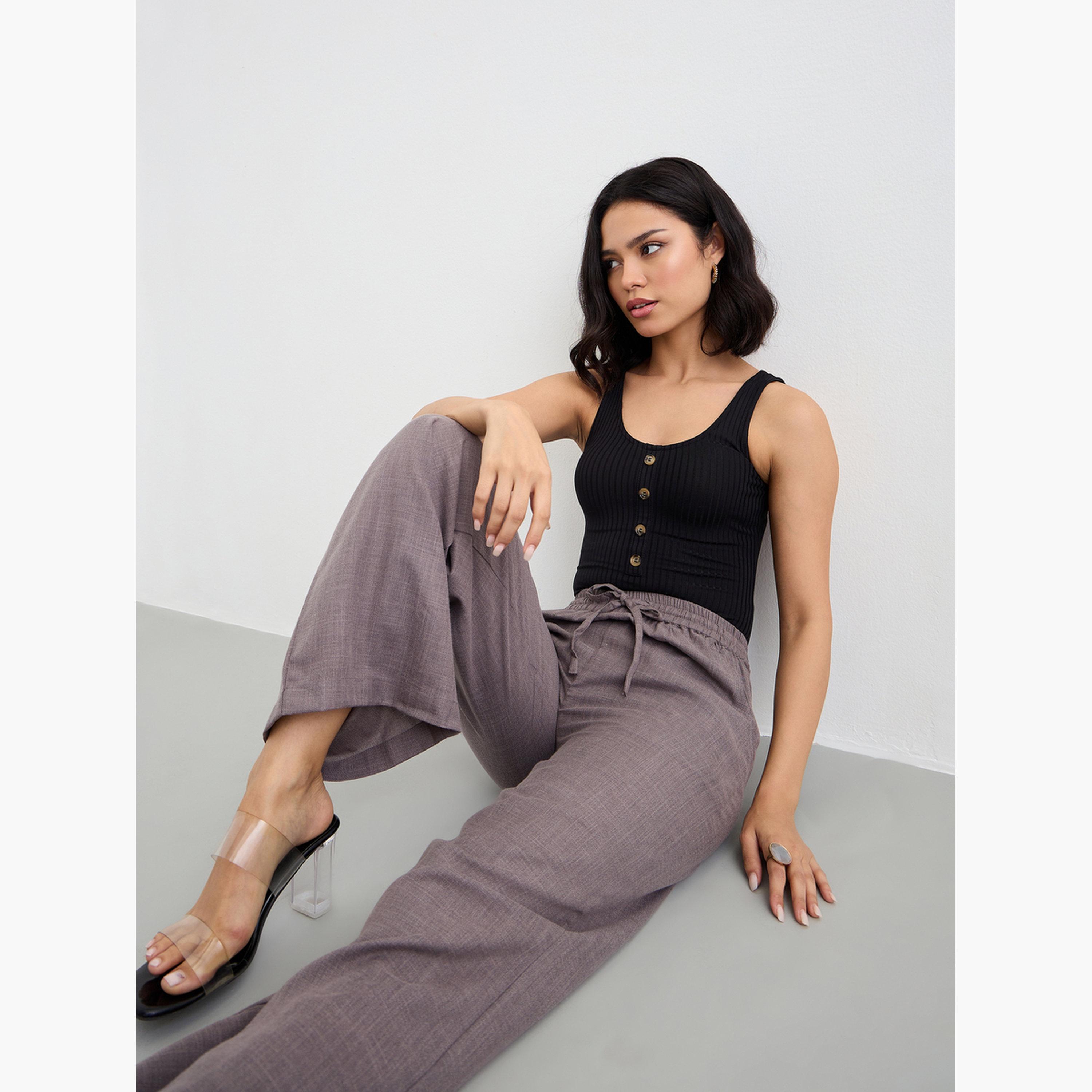 ستايلي - بنطال واسع الساق بمظهر الكتان مع رباط-women-clothing-bottoms-trousers-image-3