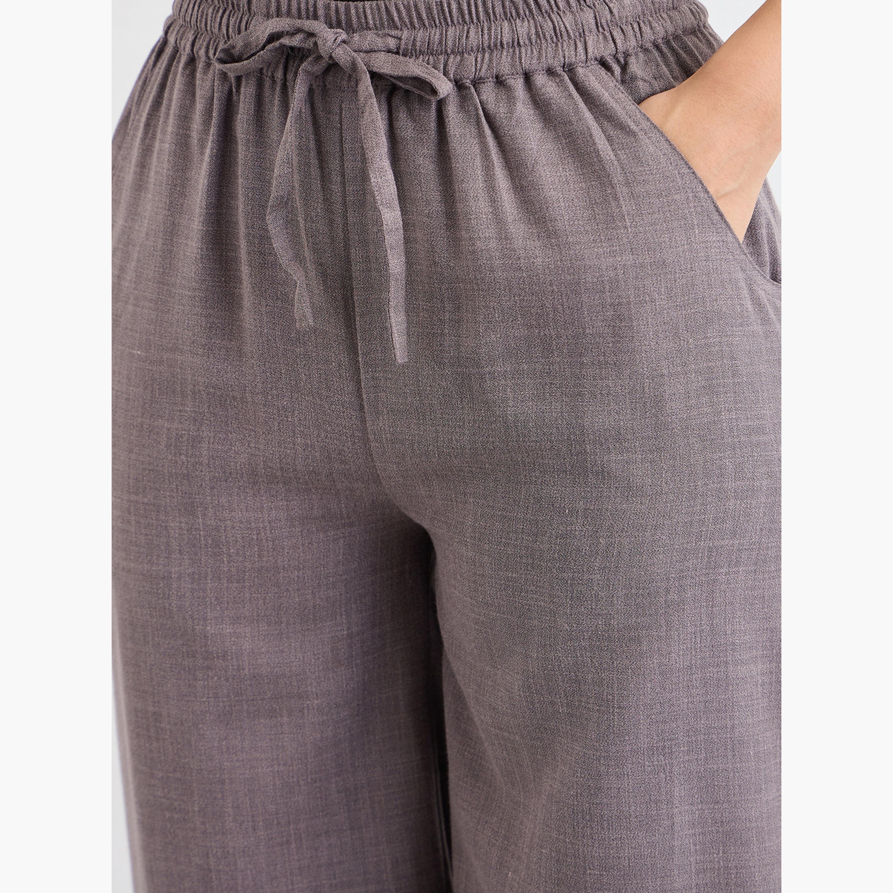 ستايلي - بنطال واسع الساق بمظهر الكتان مع رباط-women-clothing-bottoms-trousers-image-5
