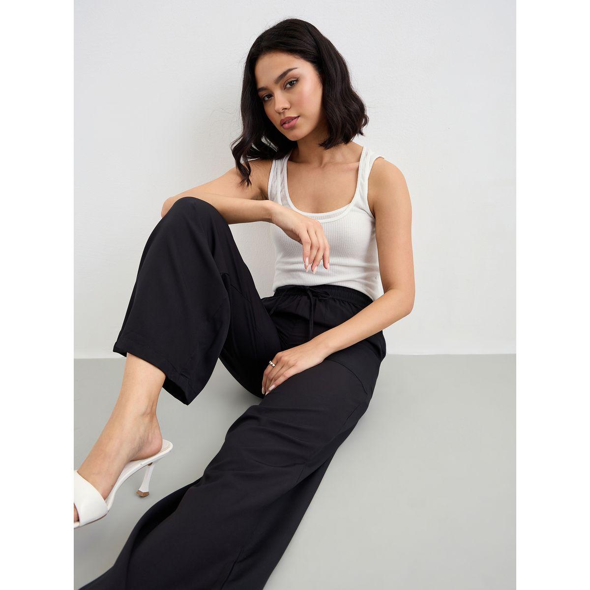 Styli Solid Wide Leg Pants with Drawstring-women-clothing-bottoms-trousers-image-5