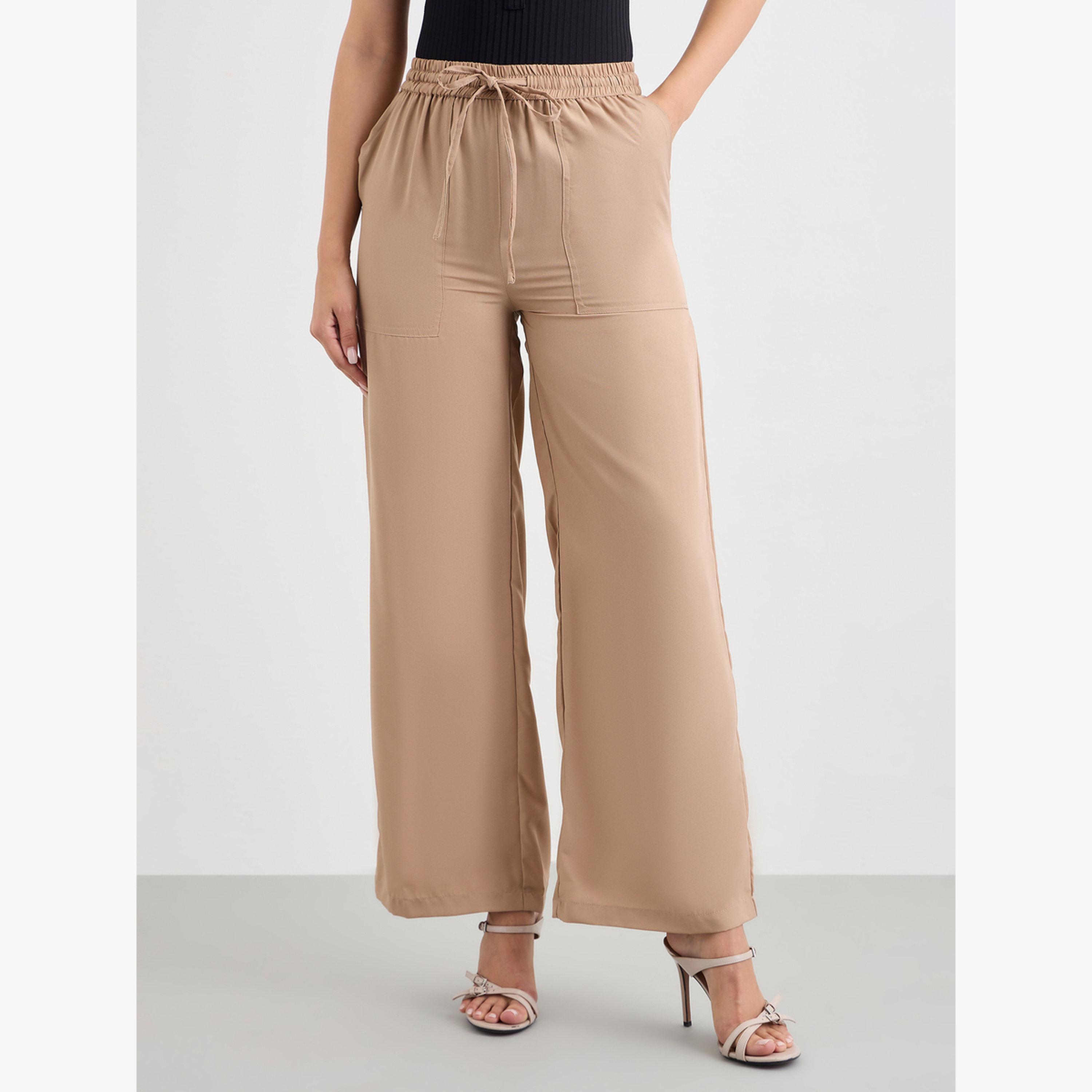 Styli Beige Wide Leg Pants with Drawstring Waist-women-clothing-bottoms-joggers-image-1