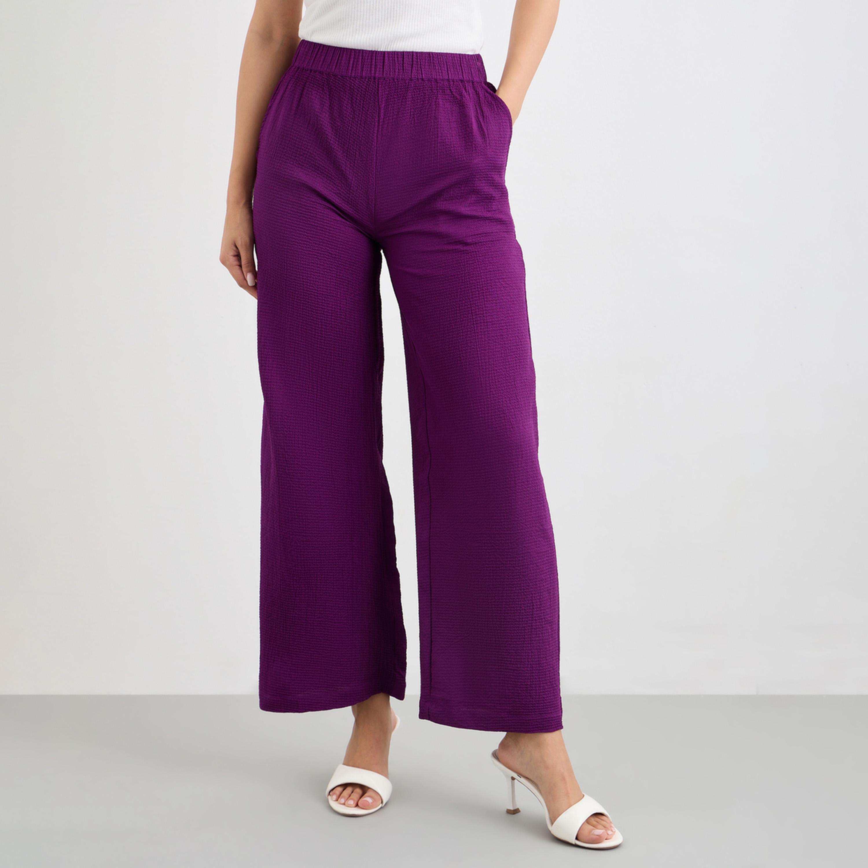 Styli Purple Textured Wide Leg Casual Pants-women-clothing-bottoms-trousers-image-1