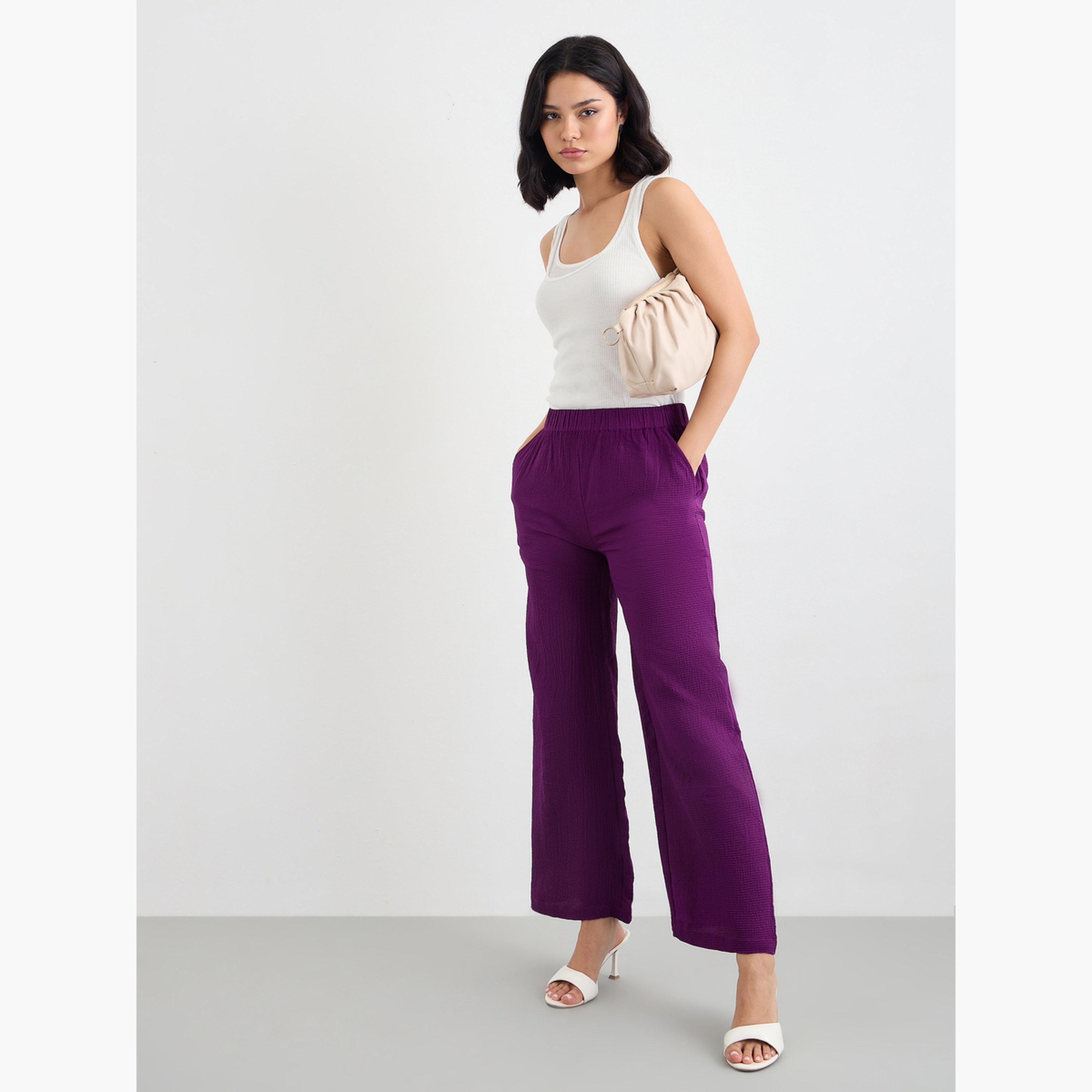 Styli Purple Textured Wide Leg Casual Pants-women-clothing-bottoms-trousers-image-2