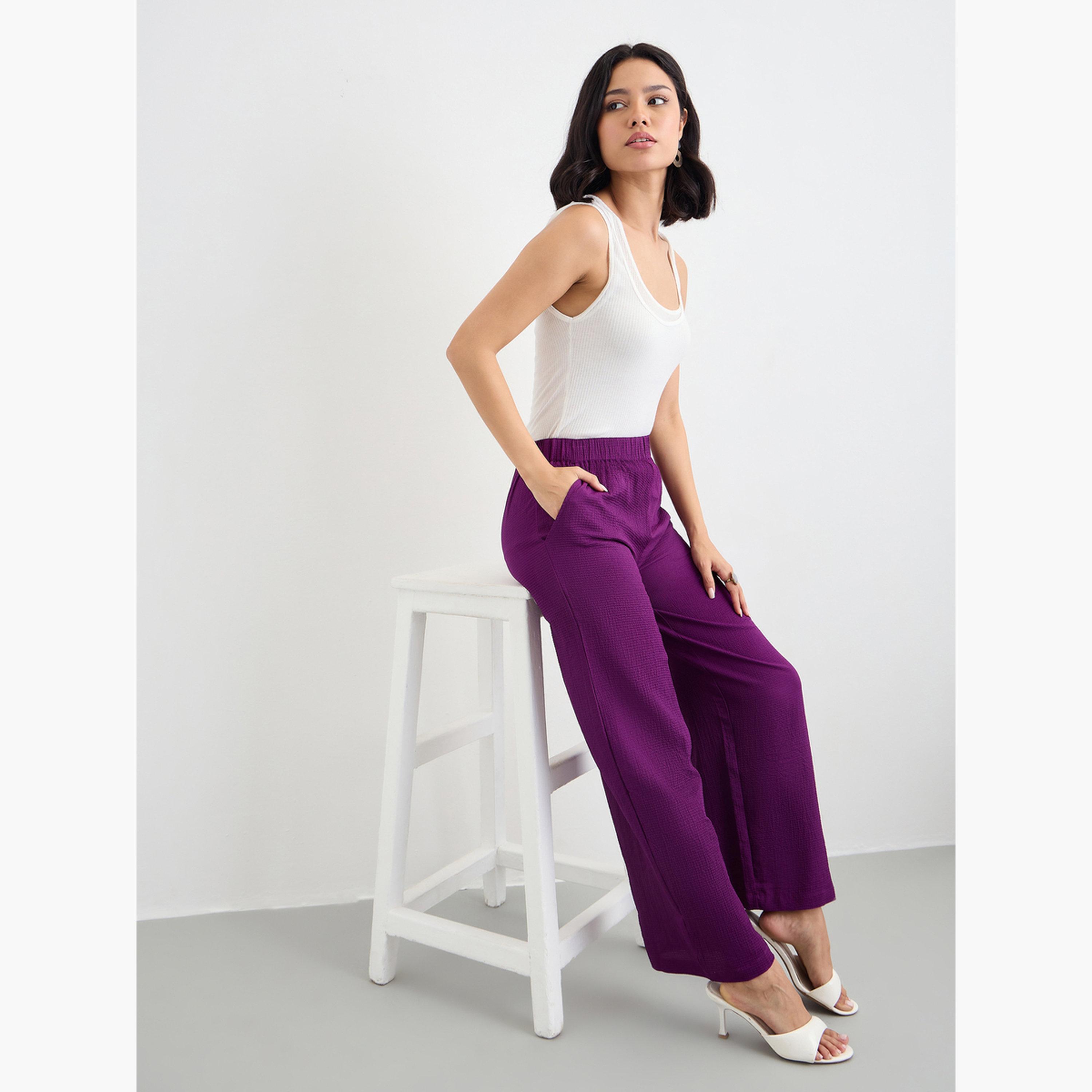 Styli Purple Textured Wide Leg Casual Pants-women-clothing-bottoms-trousers-image-3