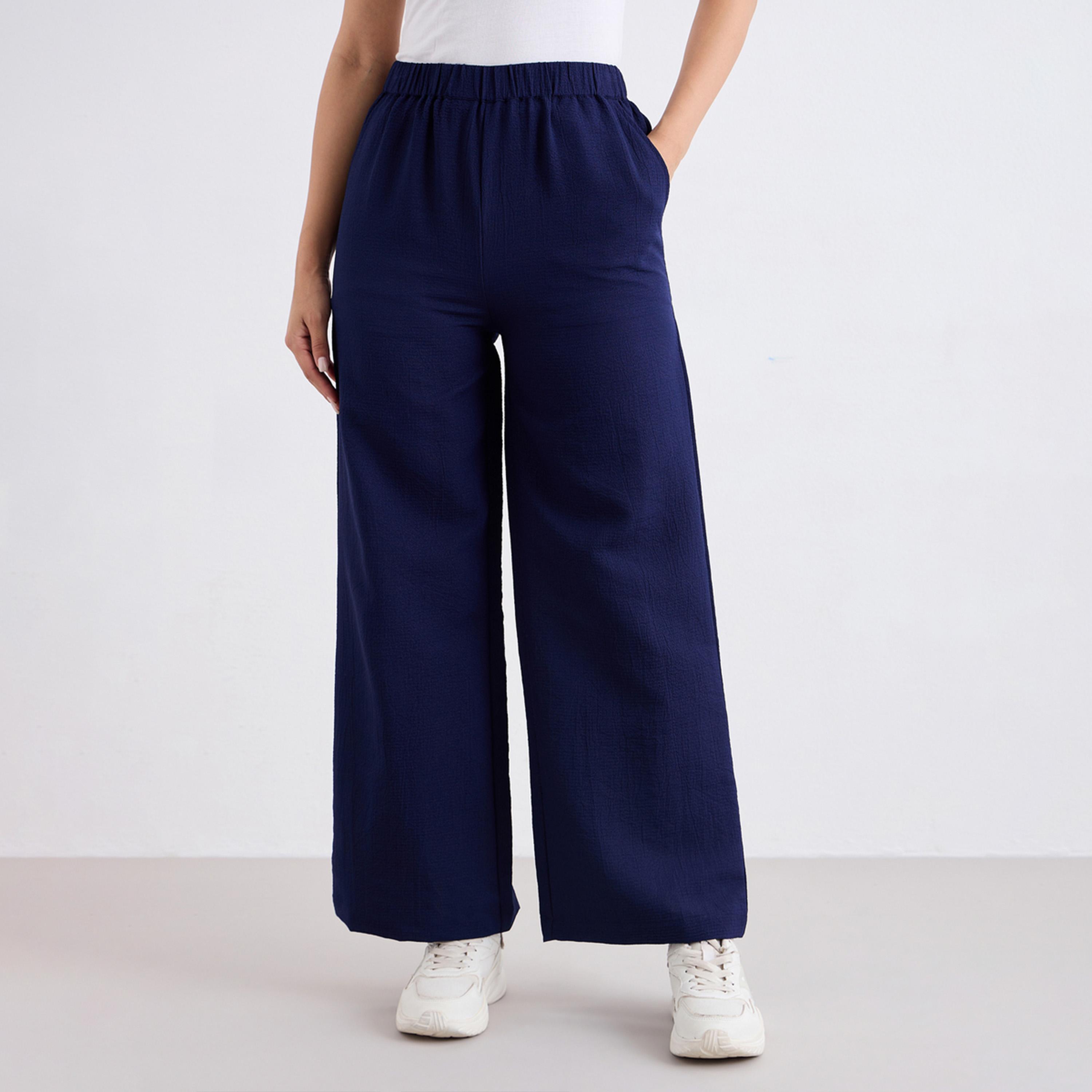 ستايلي - بنطال كاجوال واسع الساق منقوش لون أزرق داكن-women-clothing-bottoms-trousers-image-1