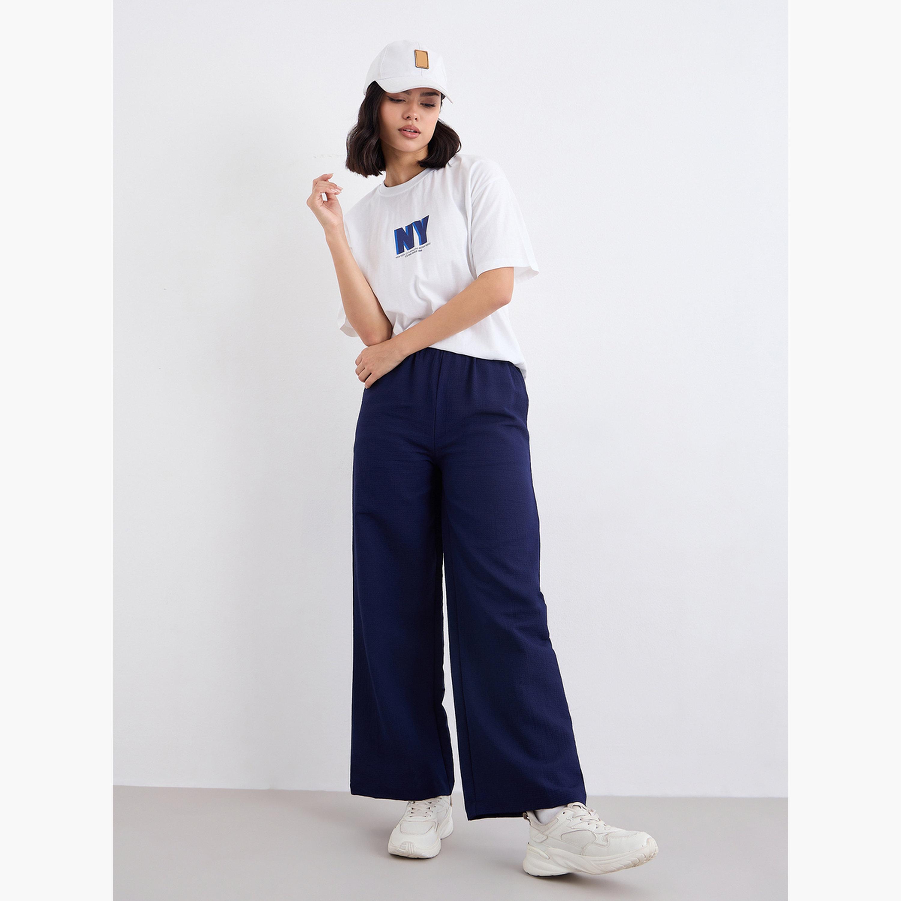 ستايلي - بنطال كاجوال واسع الساق منقوش لون أزرق داكن-women-clothing-bottoms-trousers-image-2