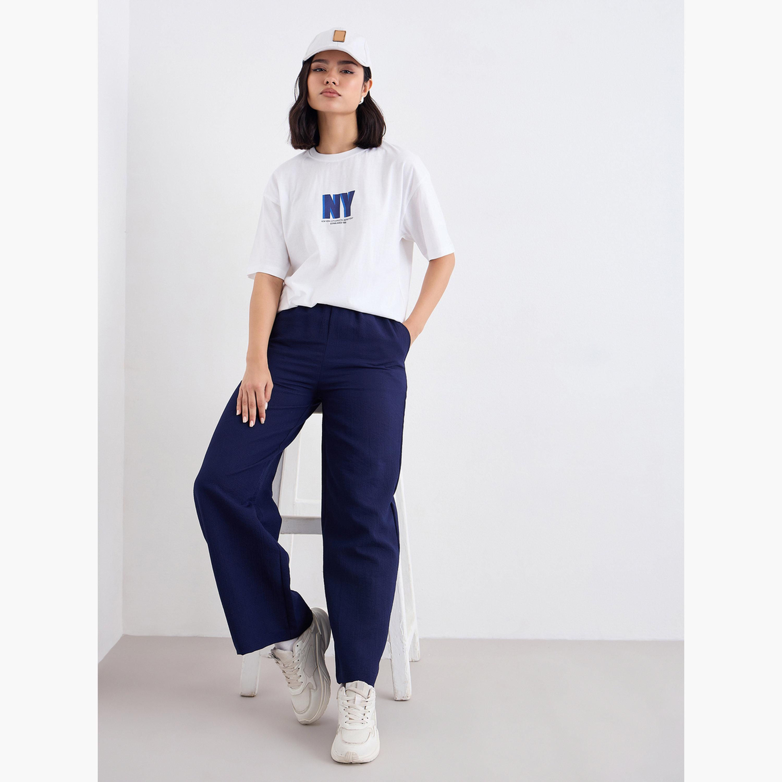 ستايلي - بنطال كاجوال واسع الساق منقوش لون أزرق داكن-women-clothing-bottoms-trousers-image-3
