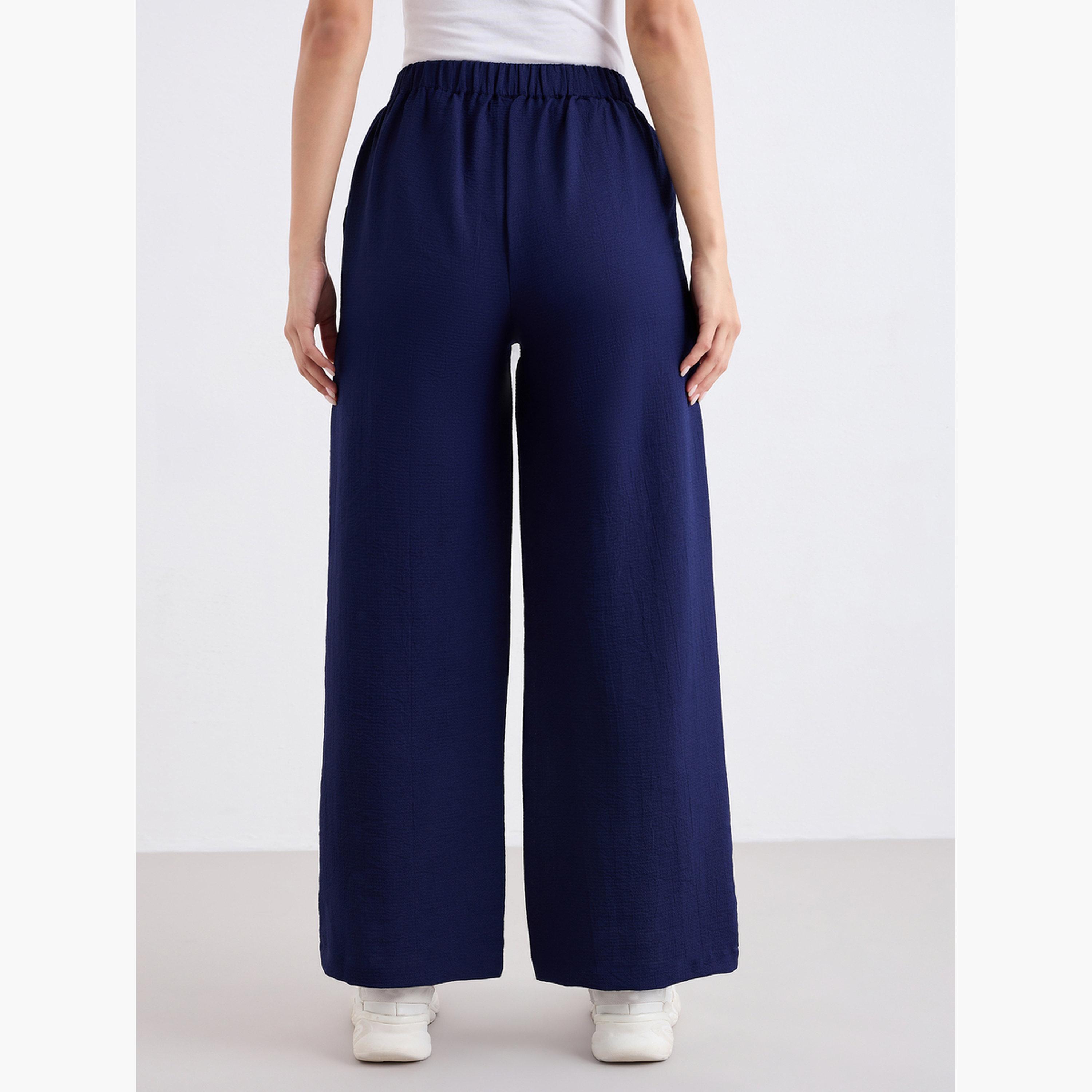ستايلي - بنطال كاجوال واسع الساق منقوش لون أزرق داكن-women-clothing-bottoms-trousers-image-4