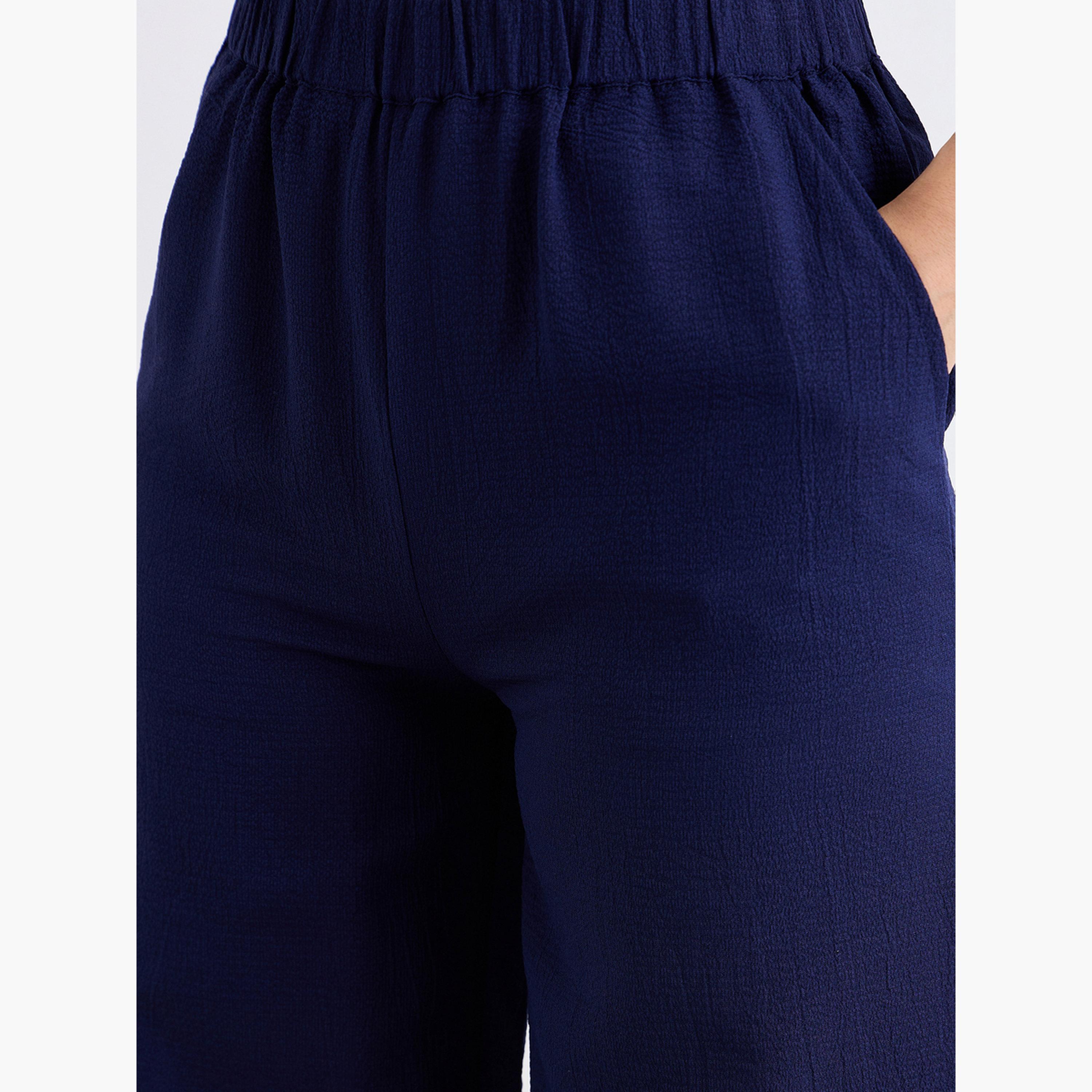 ستايلي - بنطال كاجوال واسع الساق منقوش لون أزرق داكن-women-clothing-bottoms-trousers-image-5