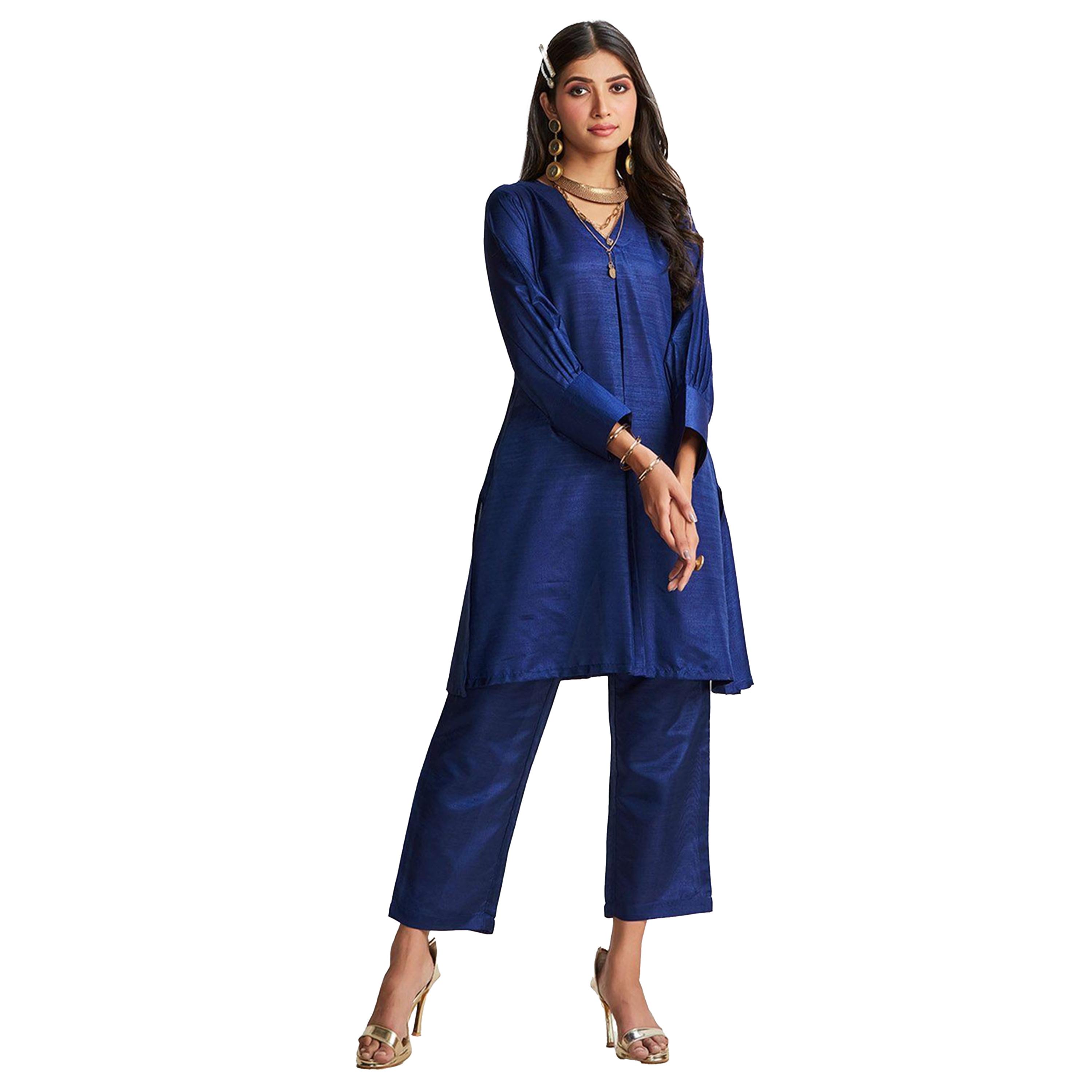 Ishin X Styli Balloon Sleeve A-Line Ethnic Top with Trousers Set-women-clothing-ethnicwear-salwarsuits-image-3
