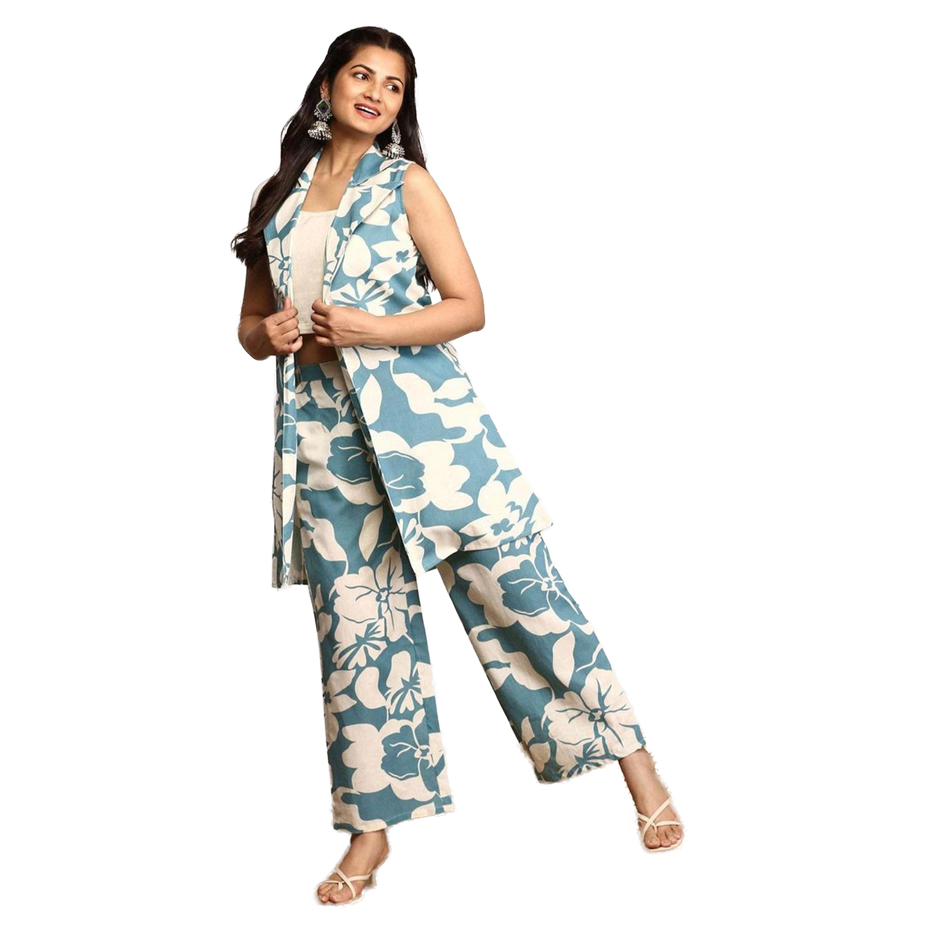 ايشن × ستايلي - طقم بليزر وبنطال قطني بطبعة زهور-women-clothing-ethnicwear-salwarsuits-image-1