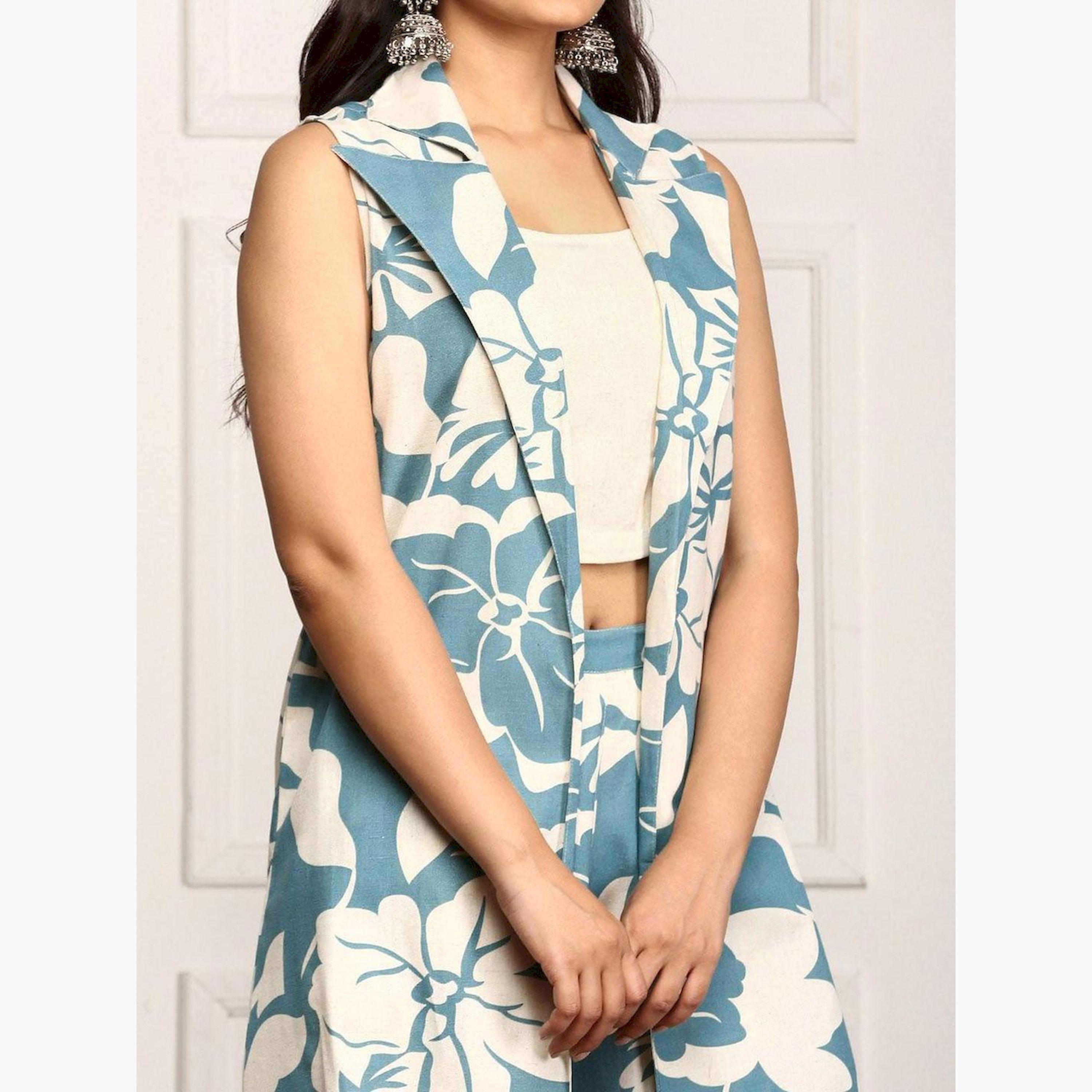 ايشن × ستايلي - طقم بليزر وبنطال قطني بطبعة زهور-women-clothing-ethnicwear-salwarsuits-image-2