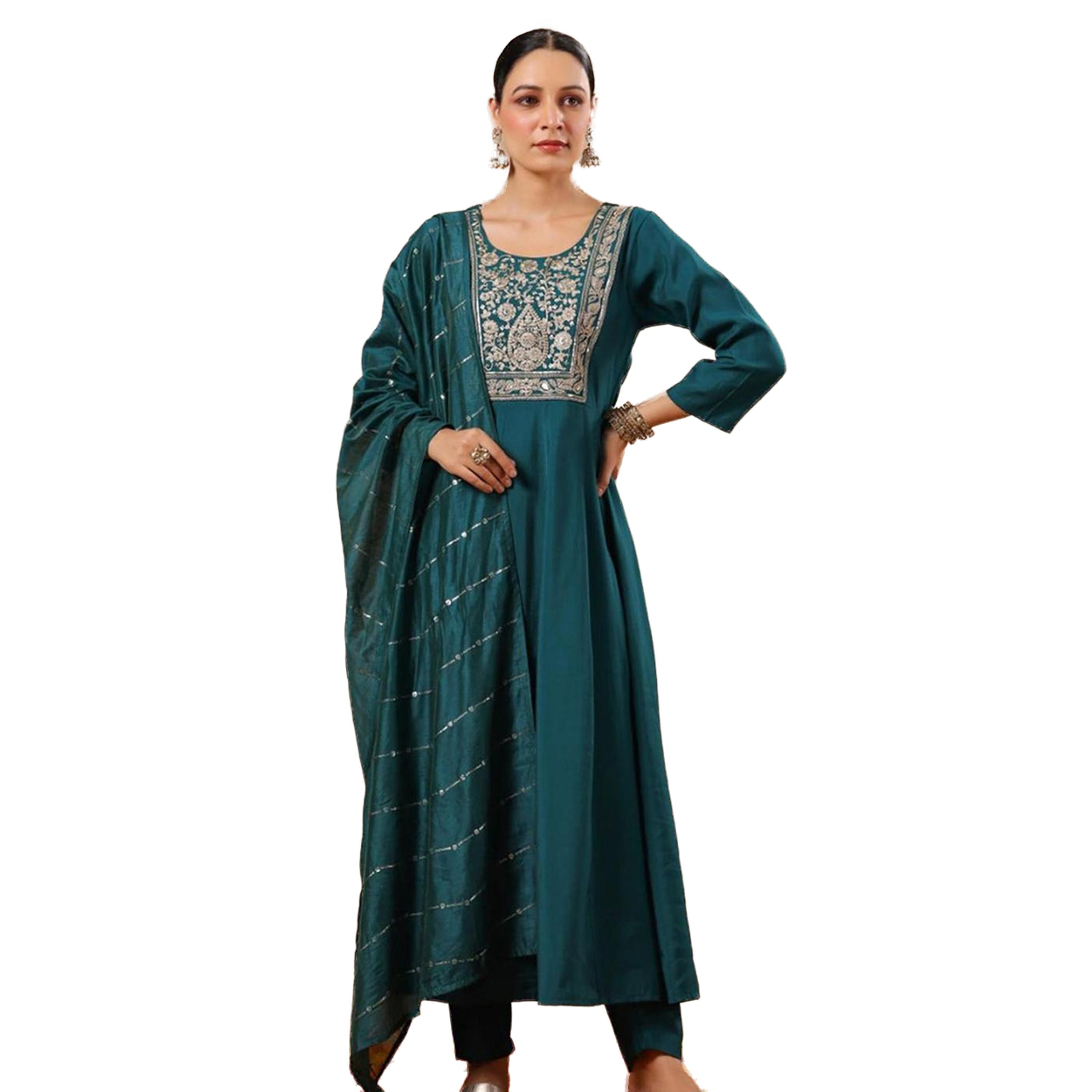 ايشن × ستايلي - طقم كورتا مطرز على شكل حرف A مع بنطال ووشاح دوباتا-women-clothing-ethnicwear-kurtasets-image-1