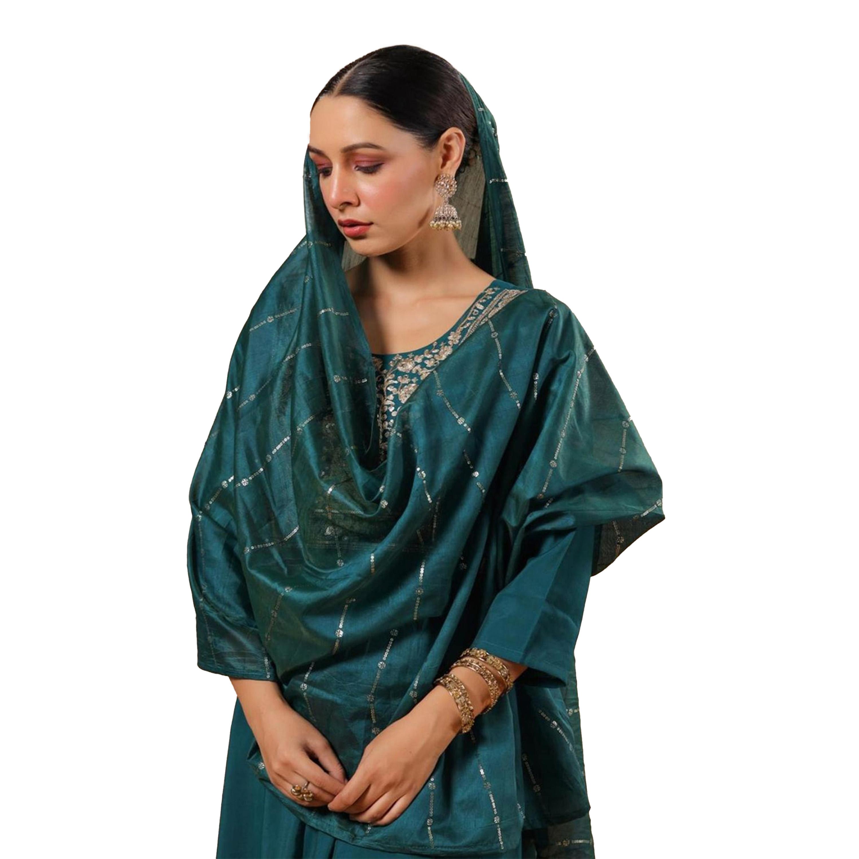 ايشن × ستايلي - طقم كورتا مطرز على شكل حرف A مع بنطال ووشاح دوباتا-women-clothing-ethnicwear-kurtasets-image-2