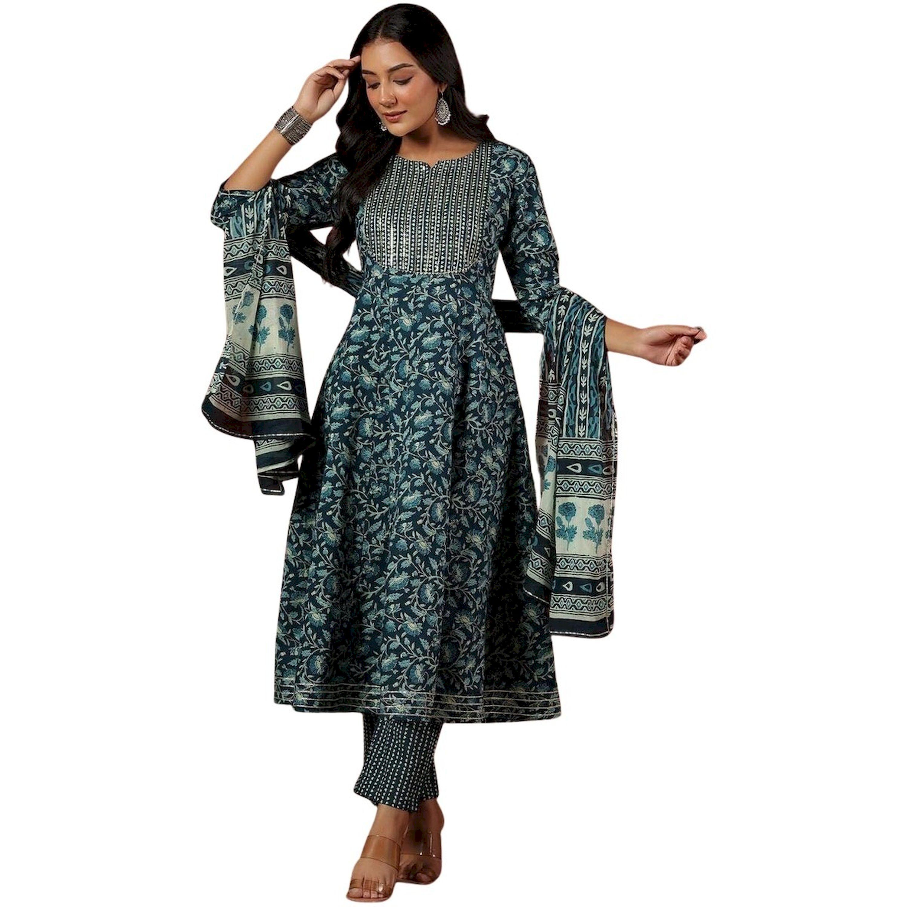 ايشن × ستايلي - طقم كورتا قطن مطبوع مع بنطال ووشاح دوباتا-women-clothing-ethnicwear-kurtasets-image-1