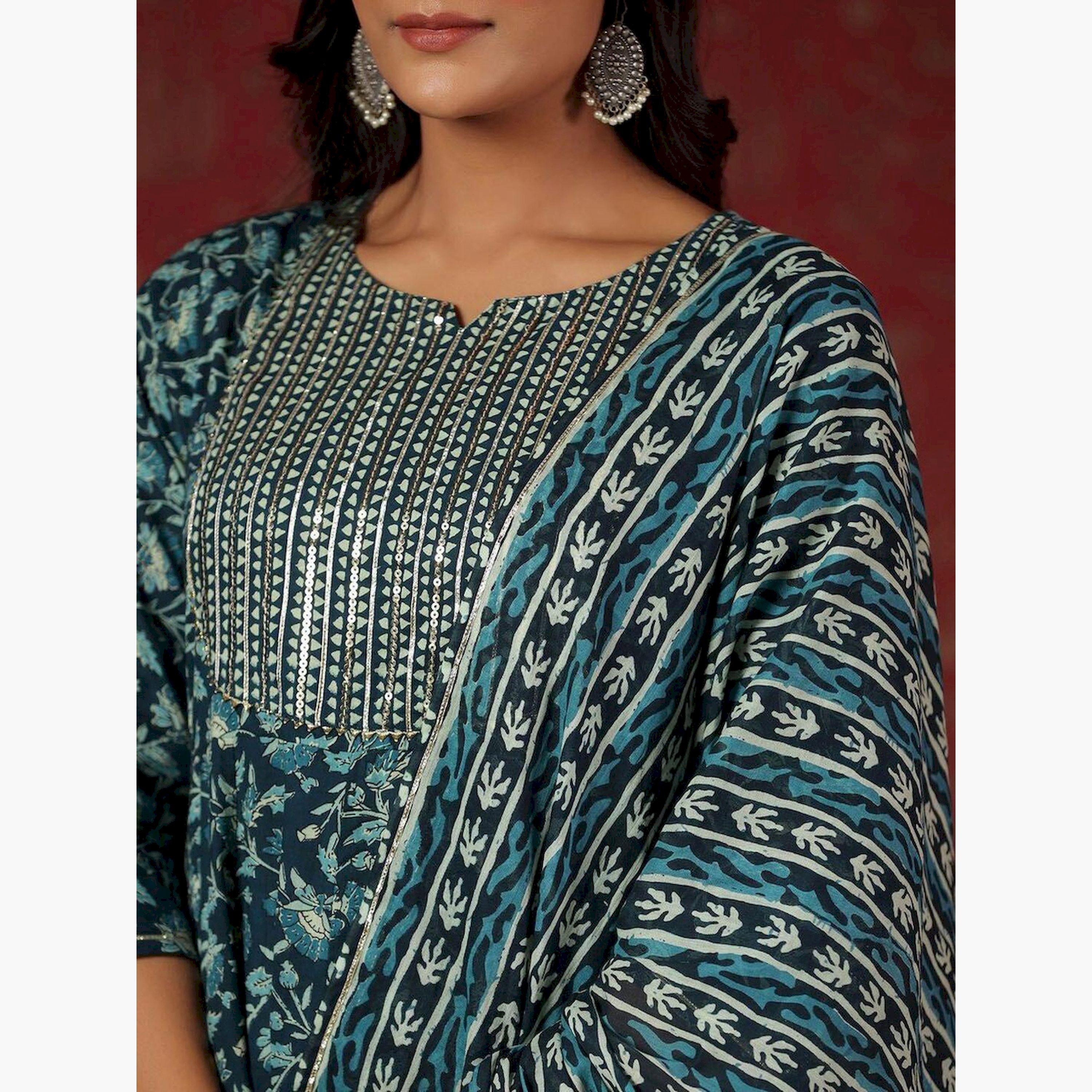 ايشن × ستايلي - طقم كورتا قطن مطبوع مع بنطال ووشاح دوباتا-women-clothing-ethnicwear-kurtasets-image-2