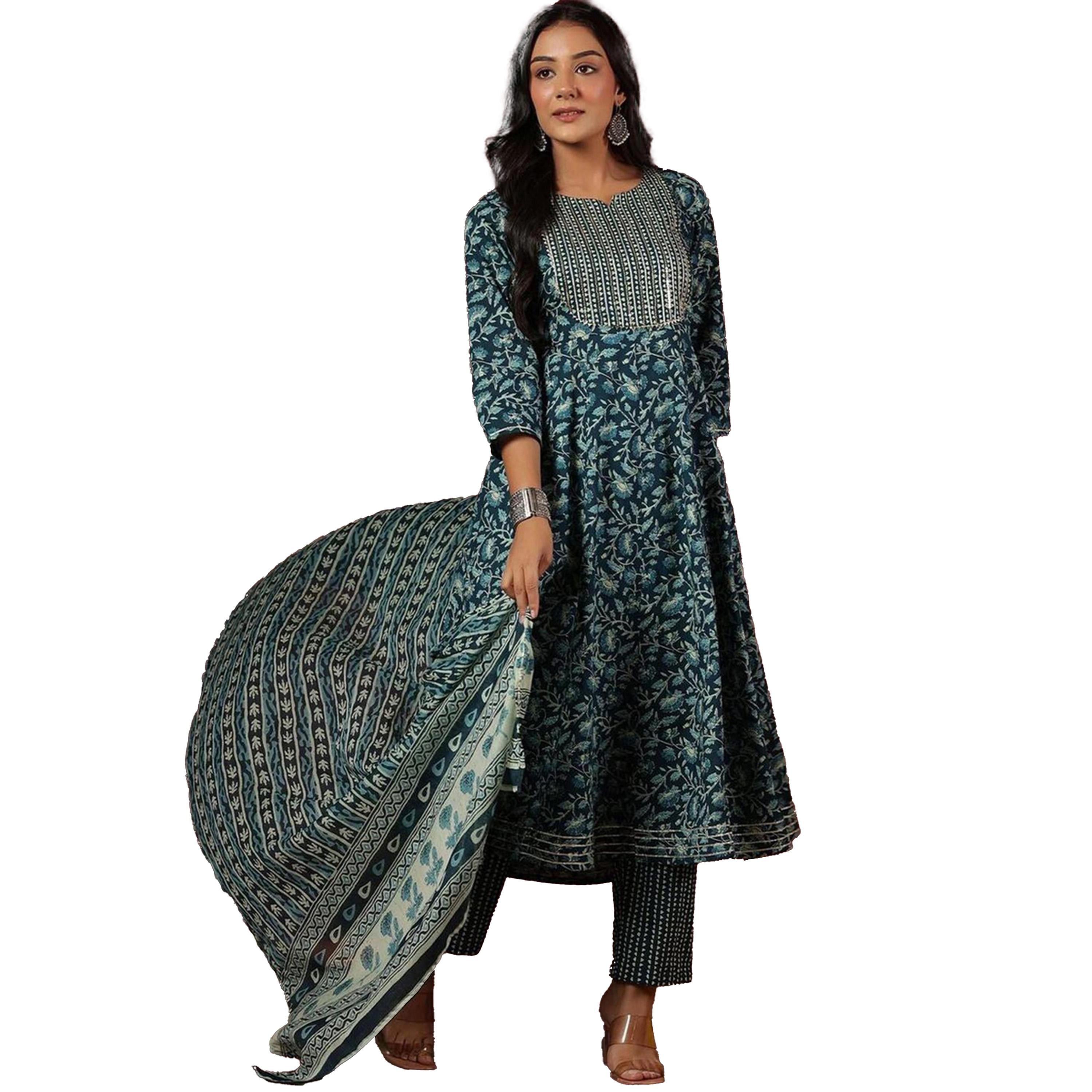 ايشن × ستايلي - طقم كورتا قطن مطبوع مع بنطال ووشاح دوباتا-women-clothing-ethnicwear-kurtasets-image-3