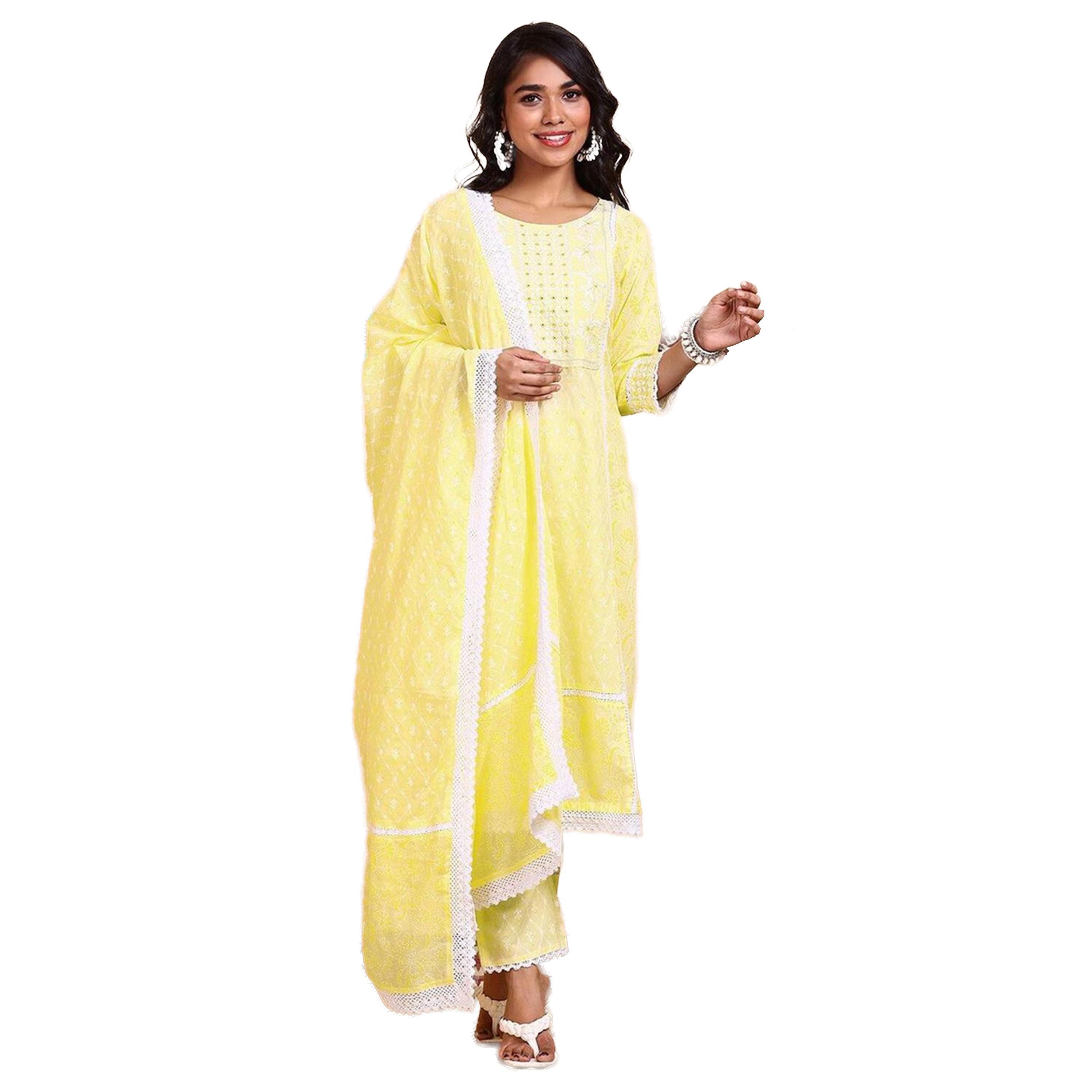 ايشن × ستايلي - طقم كورتا قطن مطرز على شكل حرف A مع بنطال ووشاح دوباتا-women-clothing-ethnicwear-kurtasets-image-1