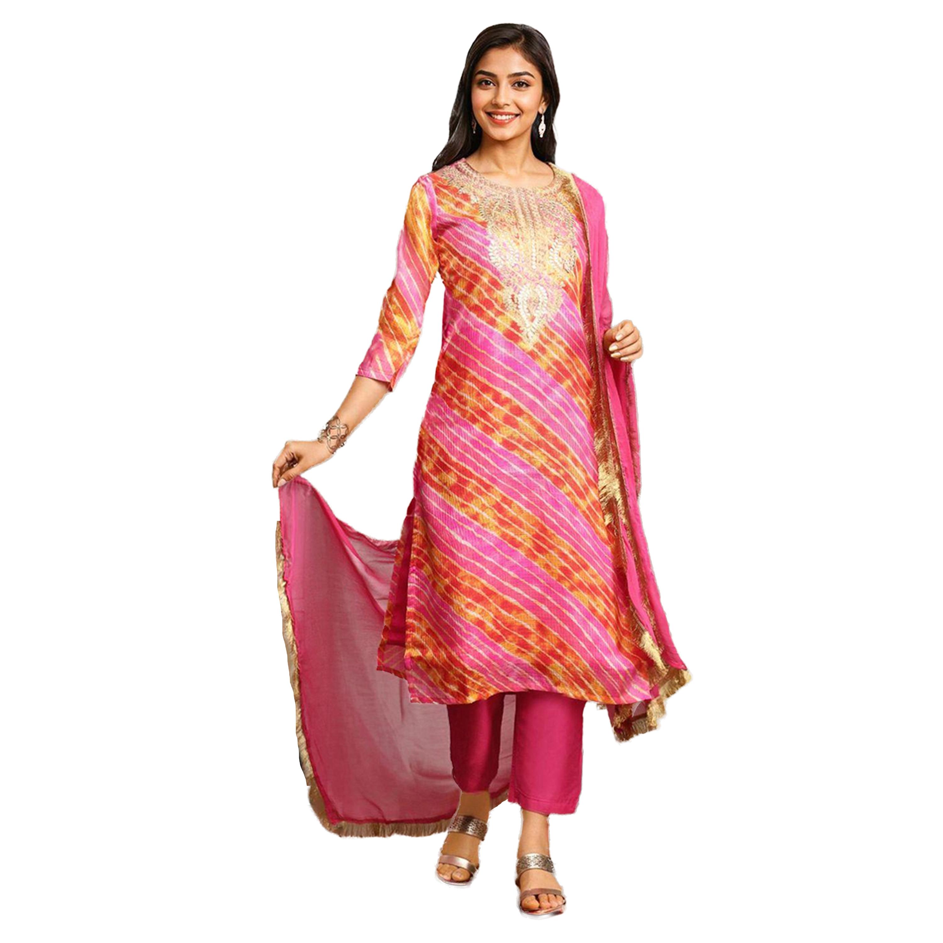 Ishin X Styli Printed Round Neck A-Line Kurta and Trousers with Dupatta Sets-women-clothing-ethnicwear-kurtasets-image-1