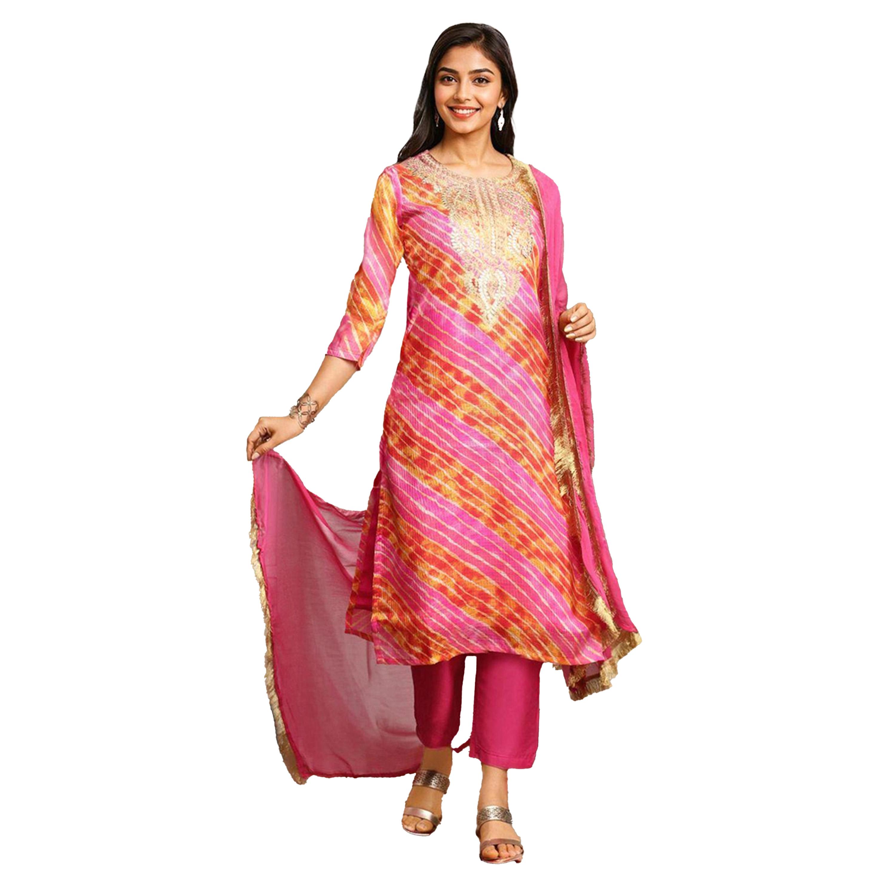 Ishin X Styli Printed Round Neck A-Line Kurta and Trousers with Dupatta Sets-women-clothing-ethnicwear-kurtasets-image-2