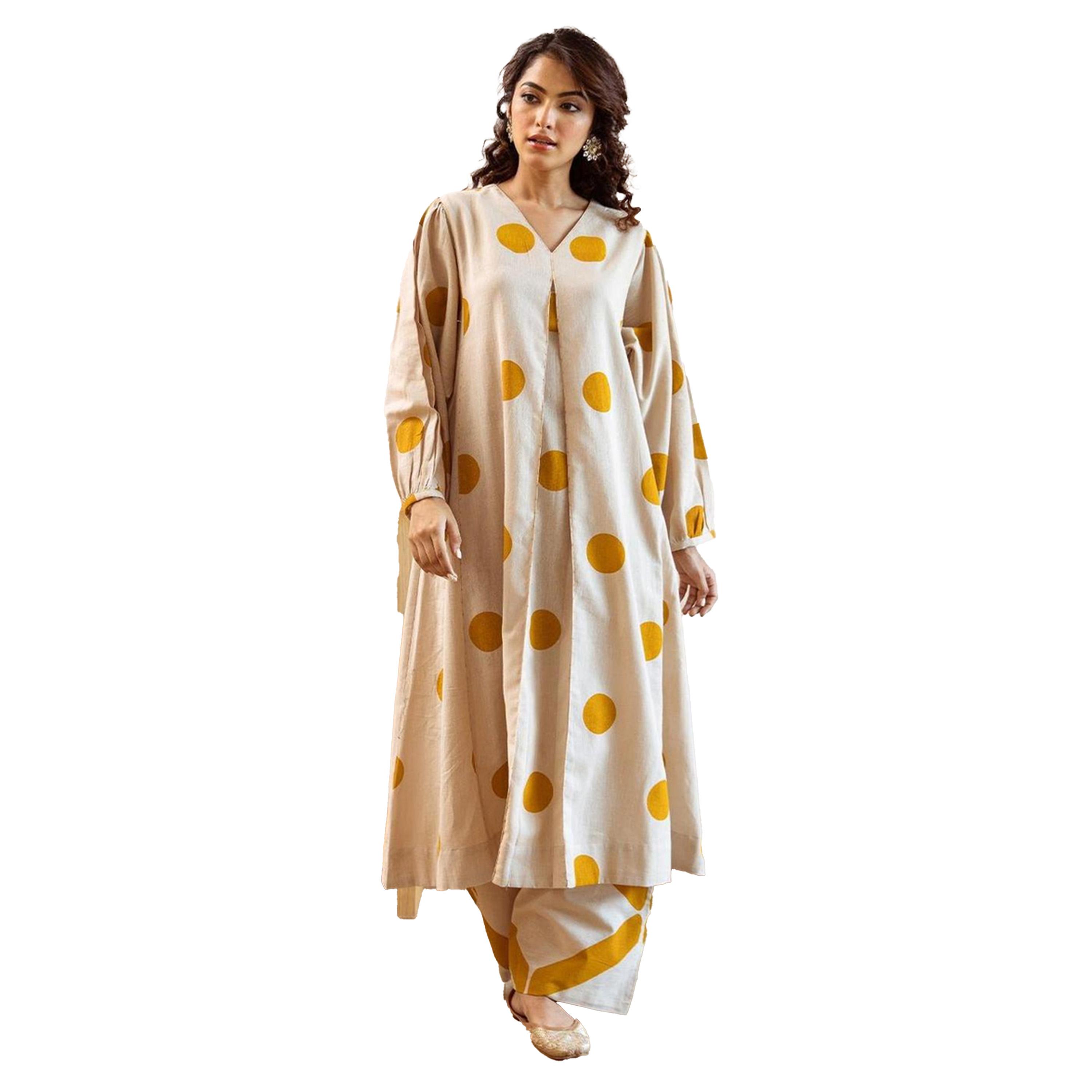 ايشن × ستايلي - طقم كورتا بطبعة هندسية وياقة V مع بنطال-women-clothing-ethnicwear-kurtasets-image-2