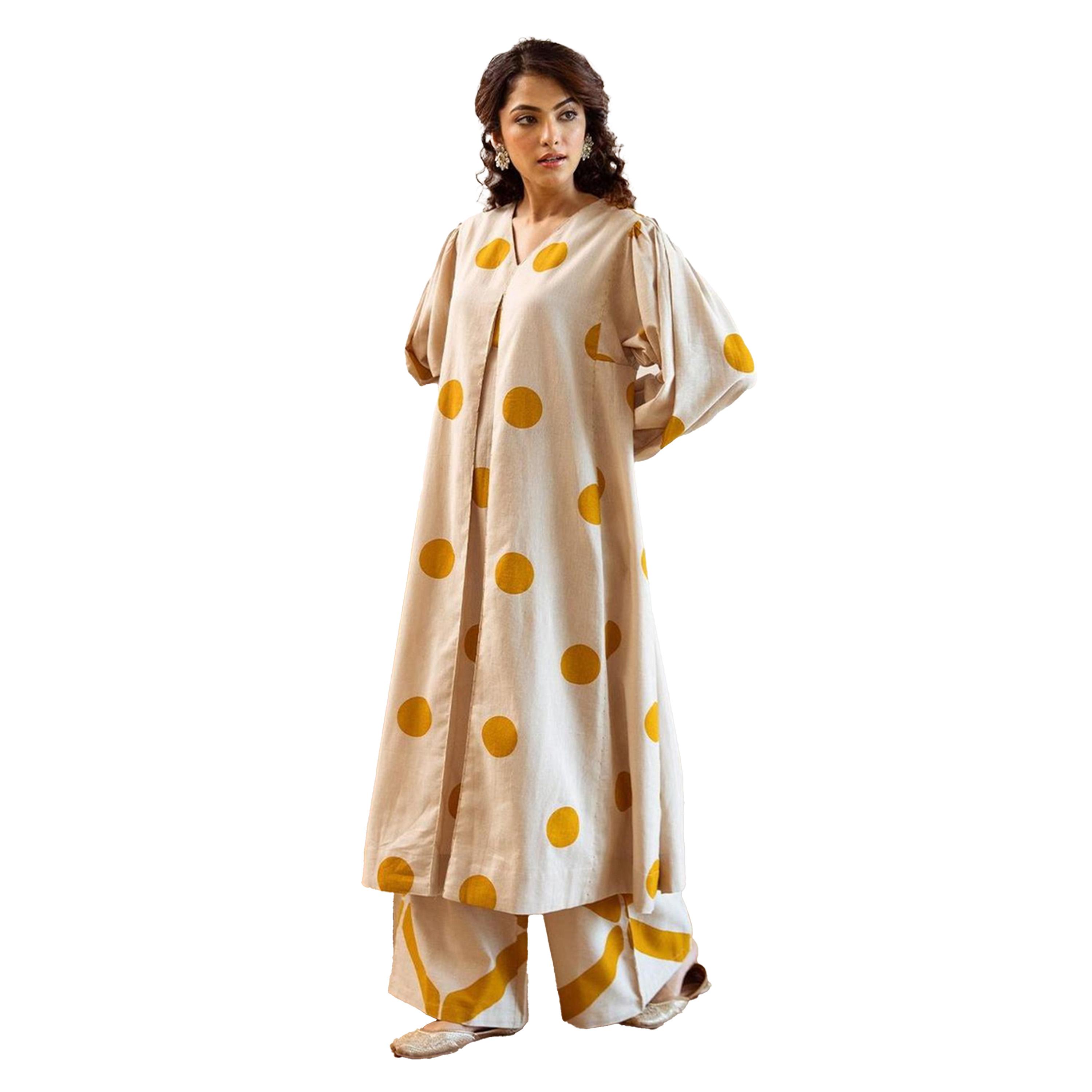 ايشن × ستايلي - طقم كورتا بطبعة هندسية وياقة V مع بنطال-women-clothing-ethnicwear-kurtasets-image-4