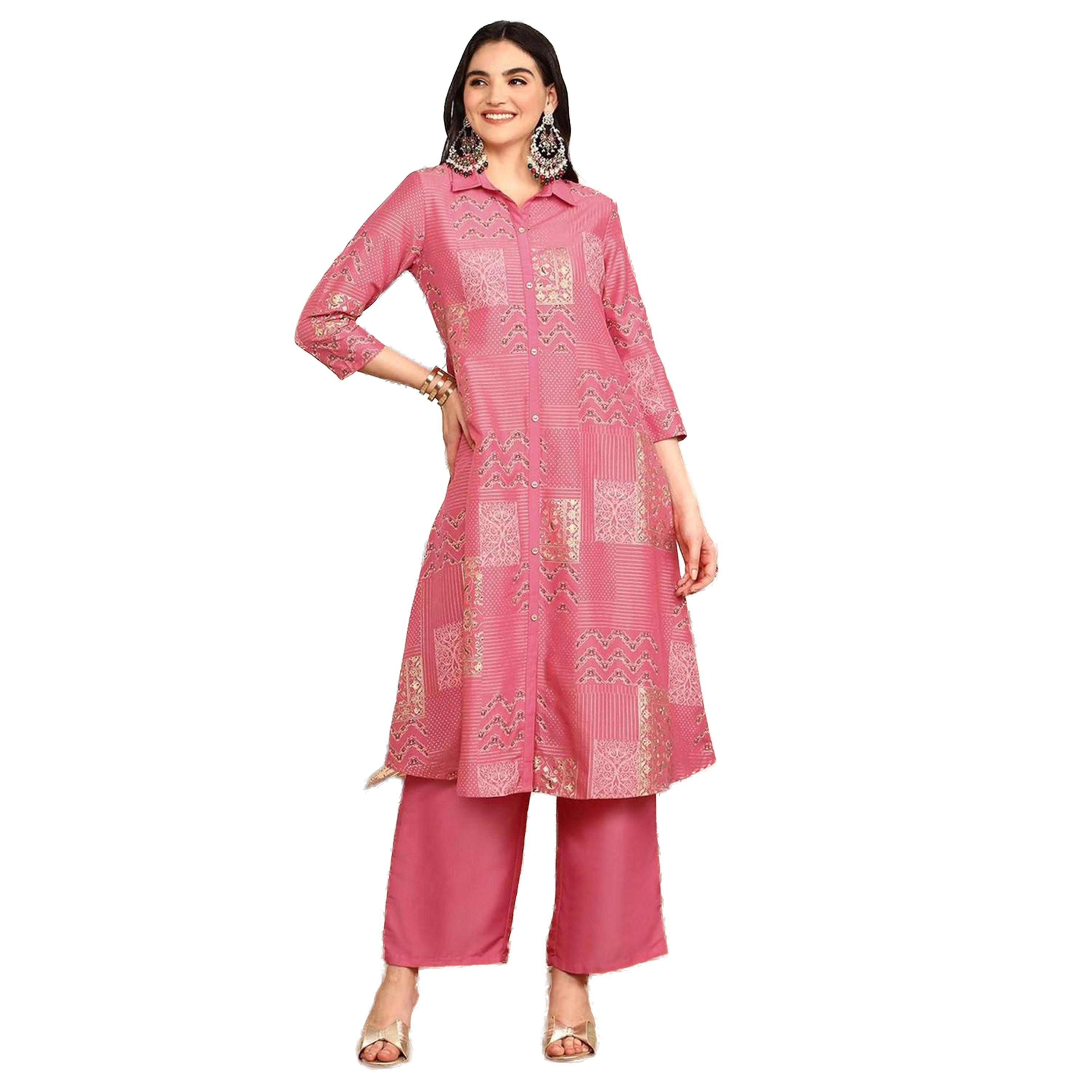 ايشن × ستايلي - طقم كورتا وبنطال مطبوع بقصّة A-women-clothing-ethnicwear-kurtasets-image-1