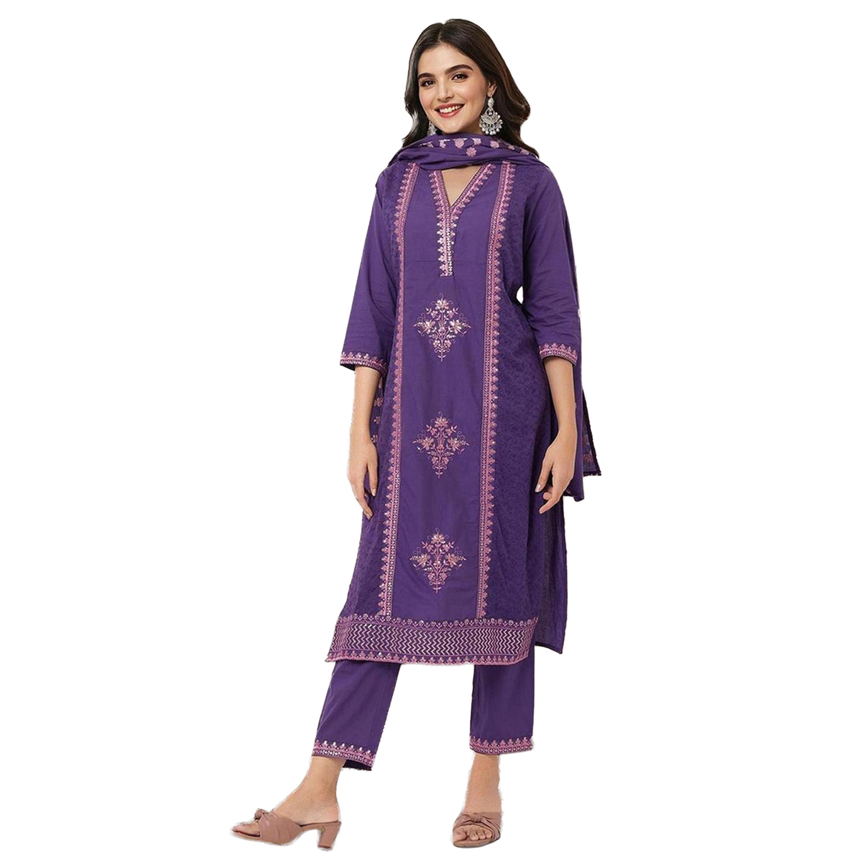 ايشن × ستايلي - طقم كورتا مطرز بياقة V مع بنطال ووشاح دوباتا-women-clothing-ethnicwear-kurtasets-image-1