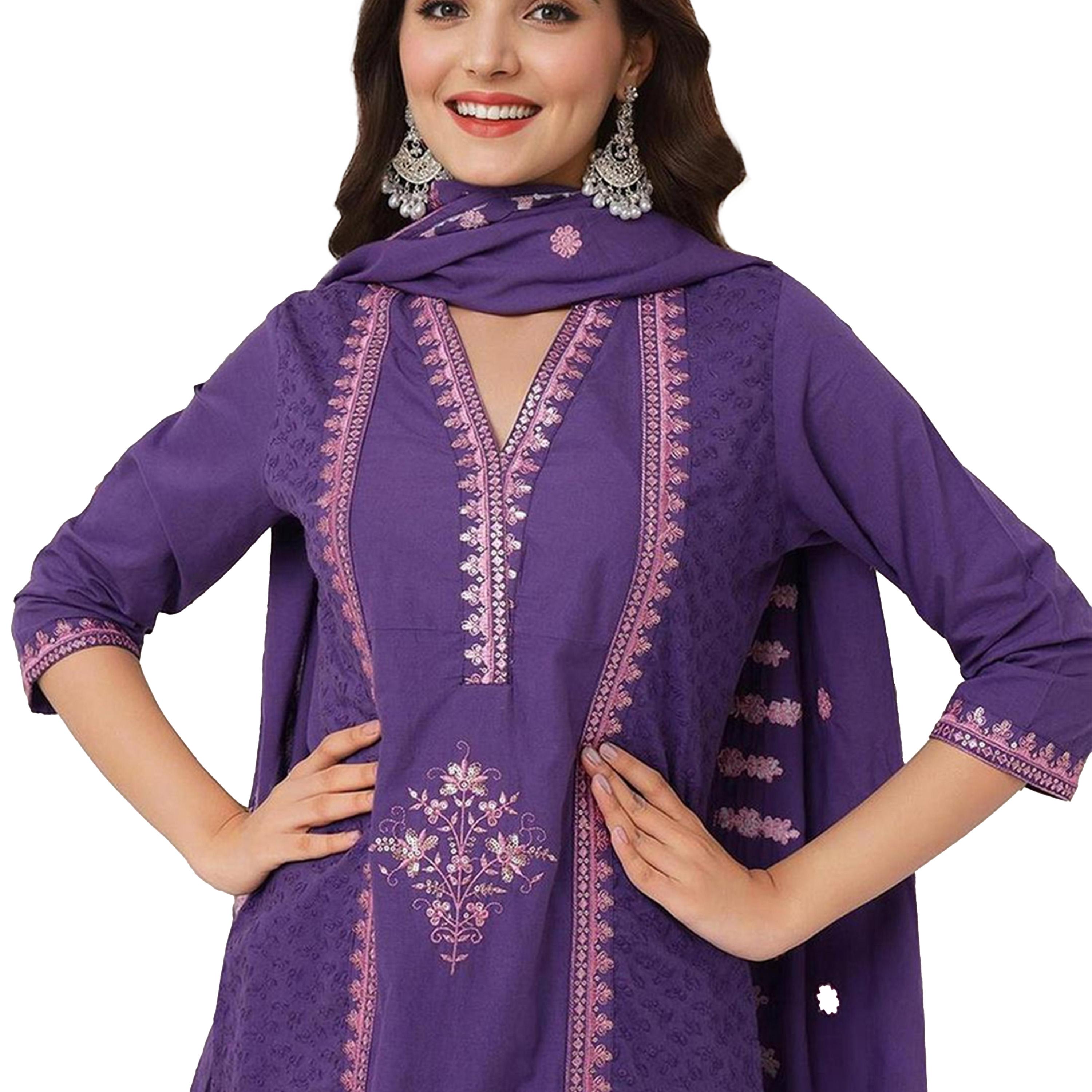 ايشن × ستايلي - طقم كورتا مطرز بياقة V مع بنطال ووشاح دوباتا-women-clothing-ethnicwear-kurtasets-image-2