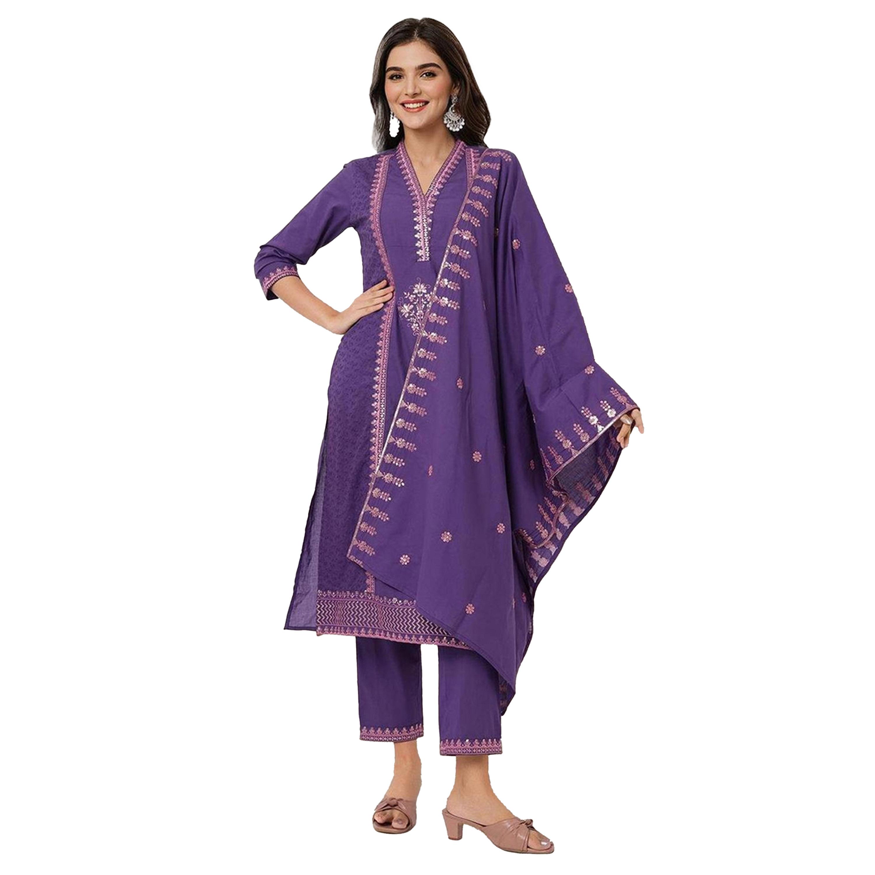 ايشن × ستايلي - طقم كورتا مطرز بياقة V مع بنطال ووشاح دوباتا-women-clothing-ethnicwear-kurtasets-image-5