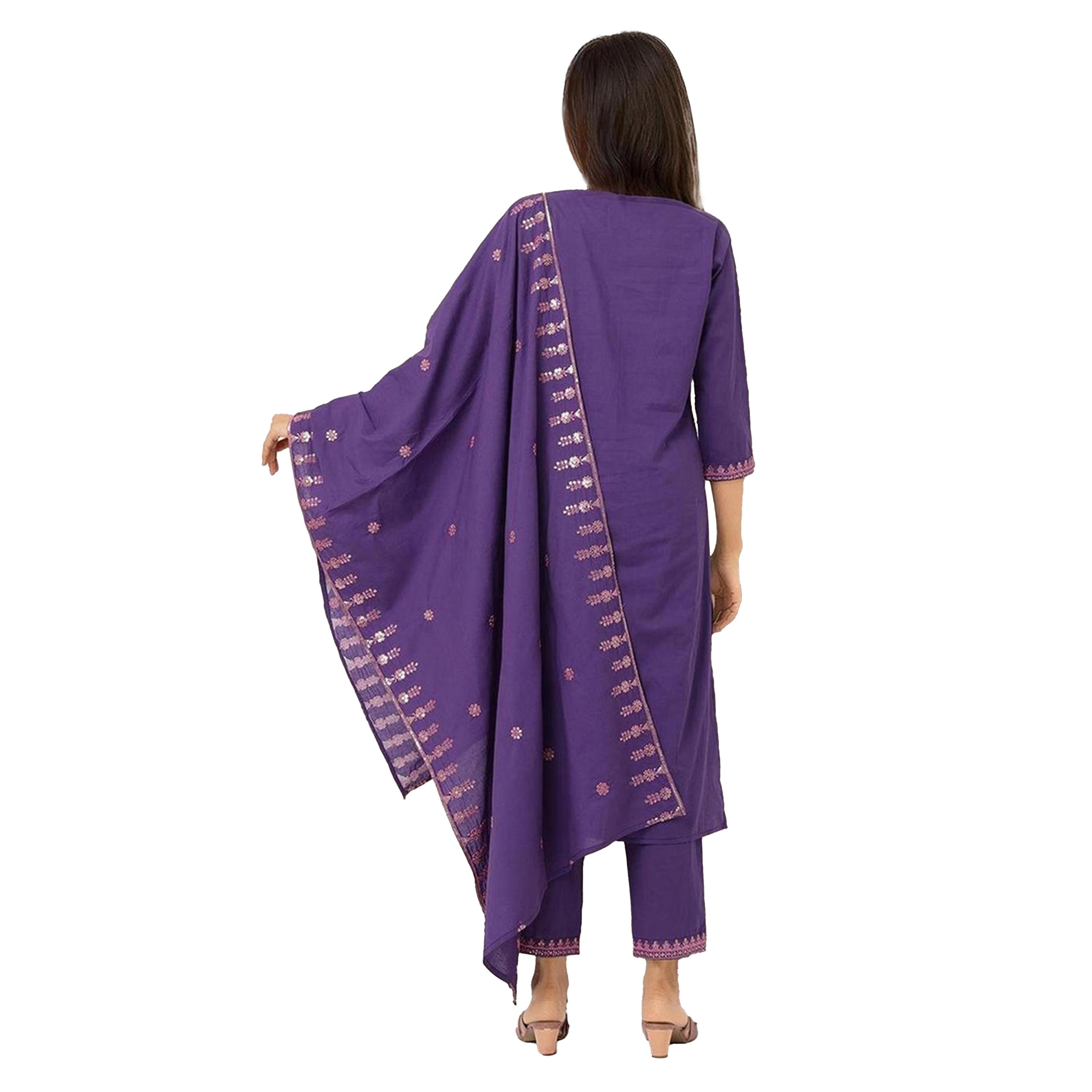 ايشن × ستايلي - طقم كورتا مطرز بياقة V مع بنطال ووشاح دوباتا-women-clothing-ethnicwear-kurtasets-image-6